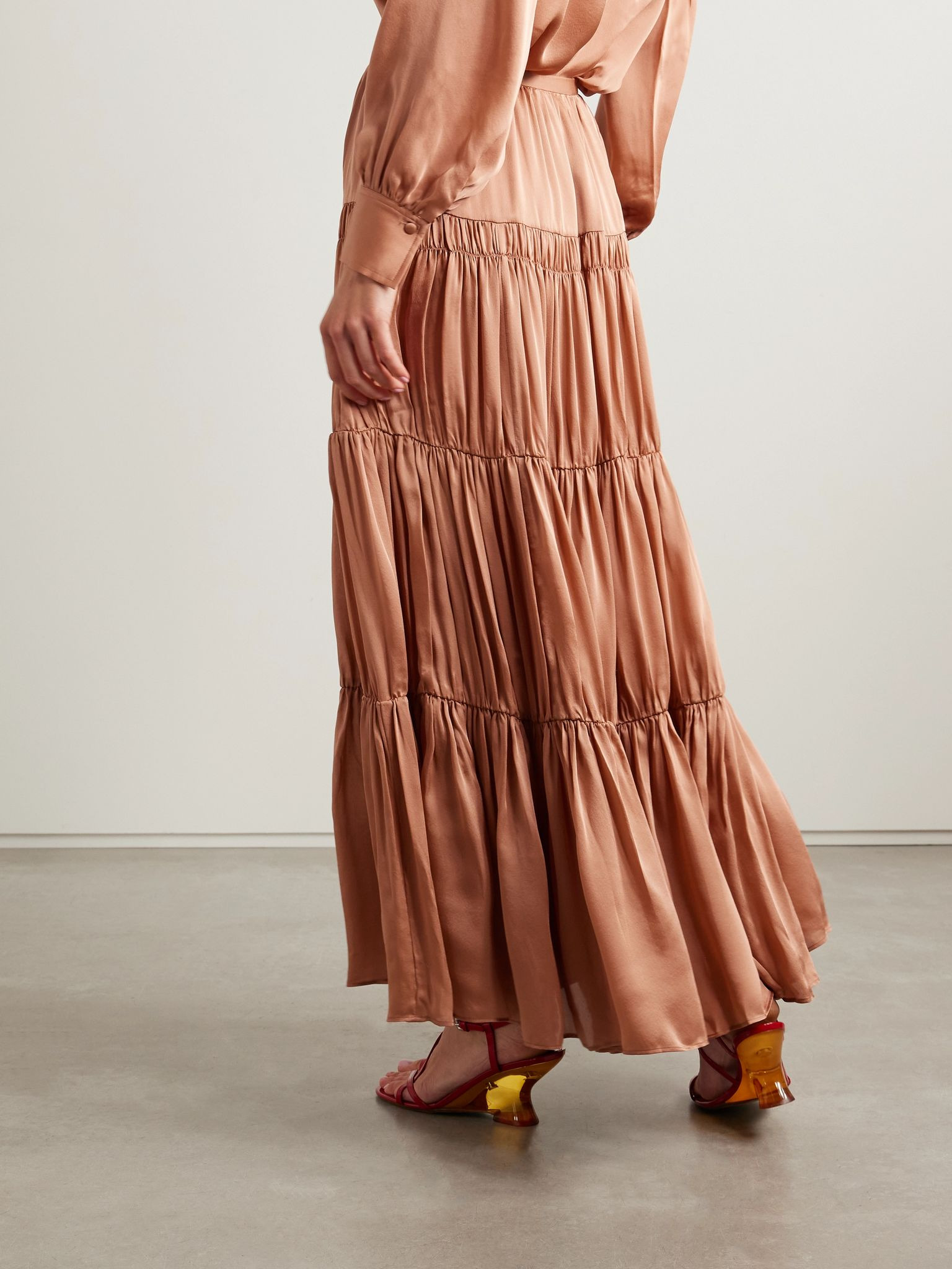 Gaelle tiered gathered silk maxi skirt Pink - 4