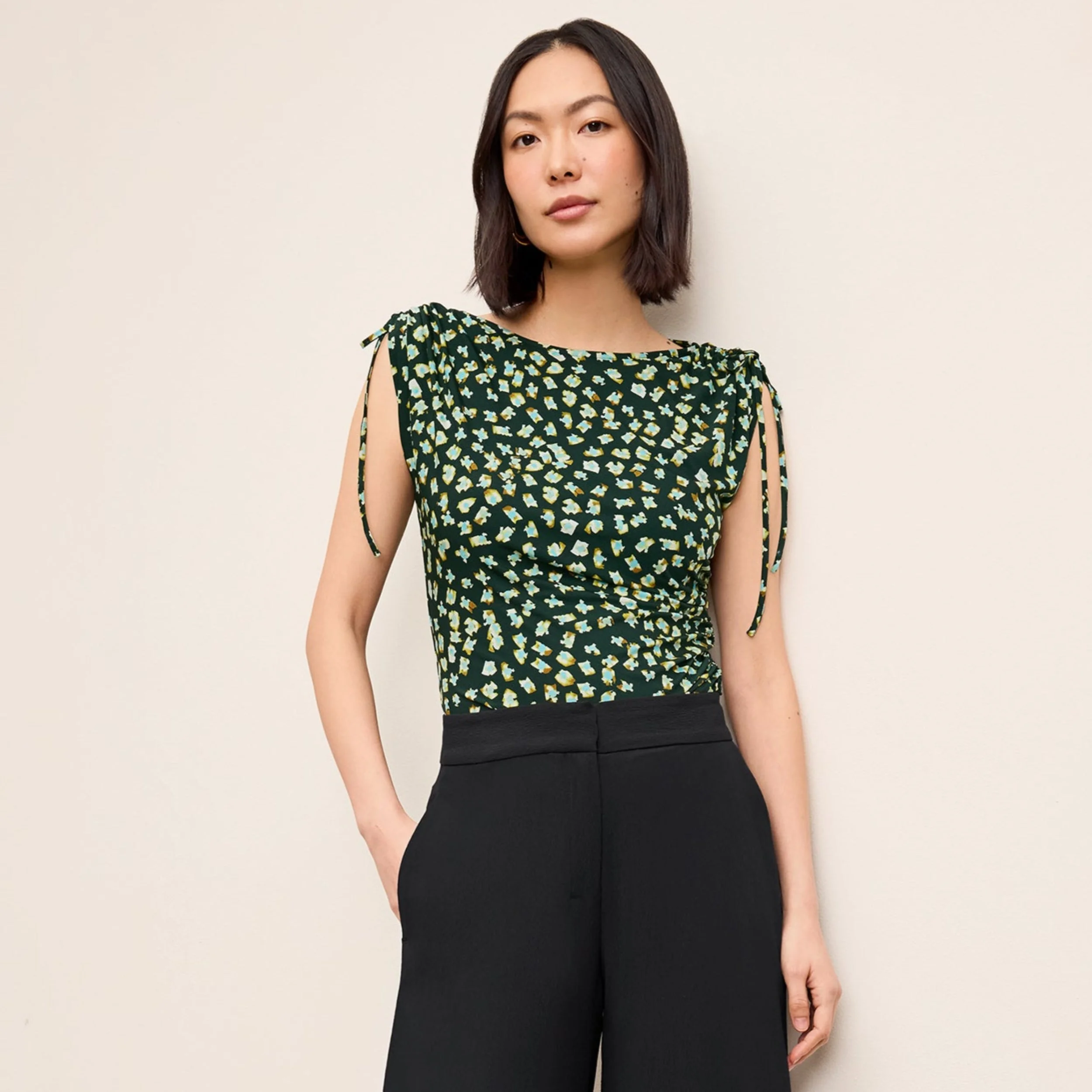 Dotty Cinch-Sleeve Top - Light Printed Jersey - 1