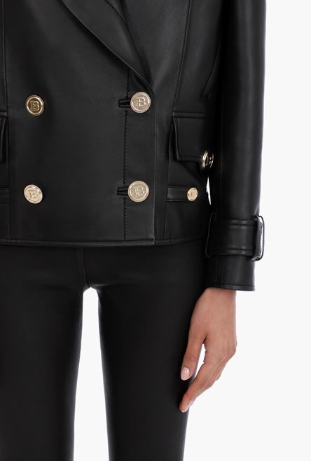 Black leather pea coat with gold-tone buttons - 6