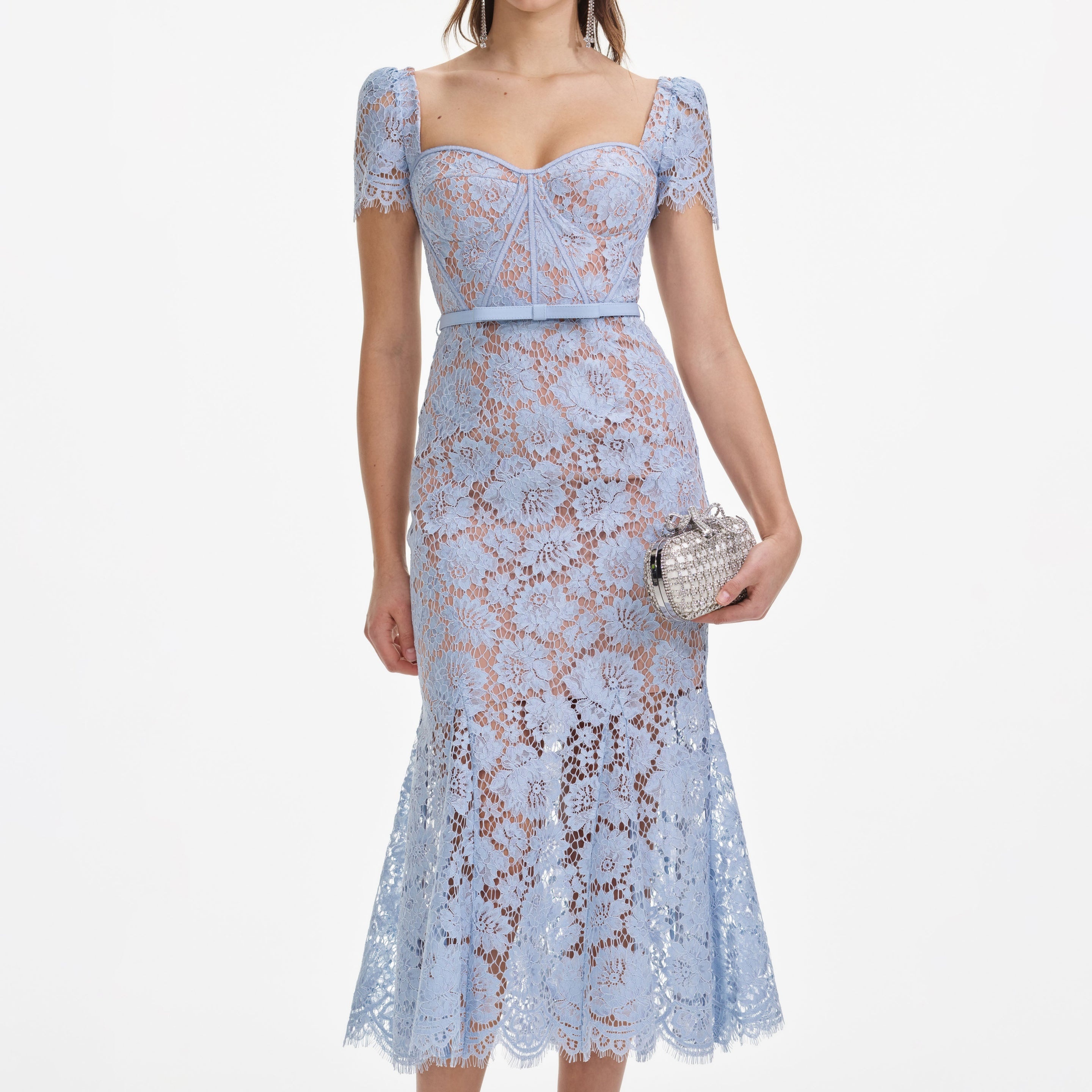 Blue Fine Lace Midi Dress - 4