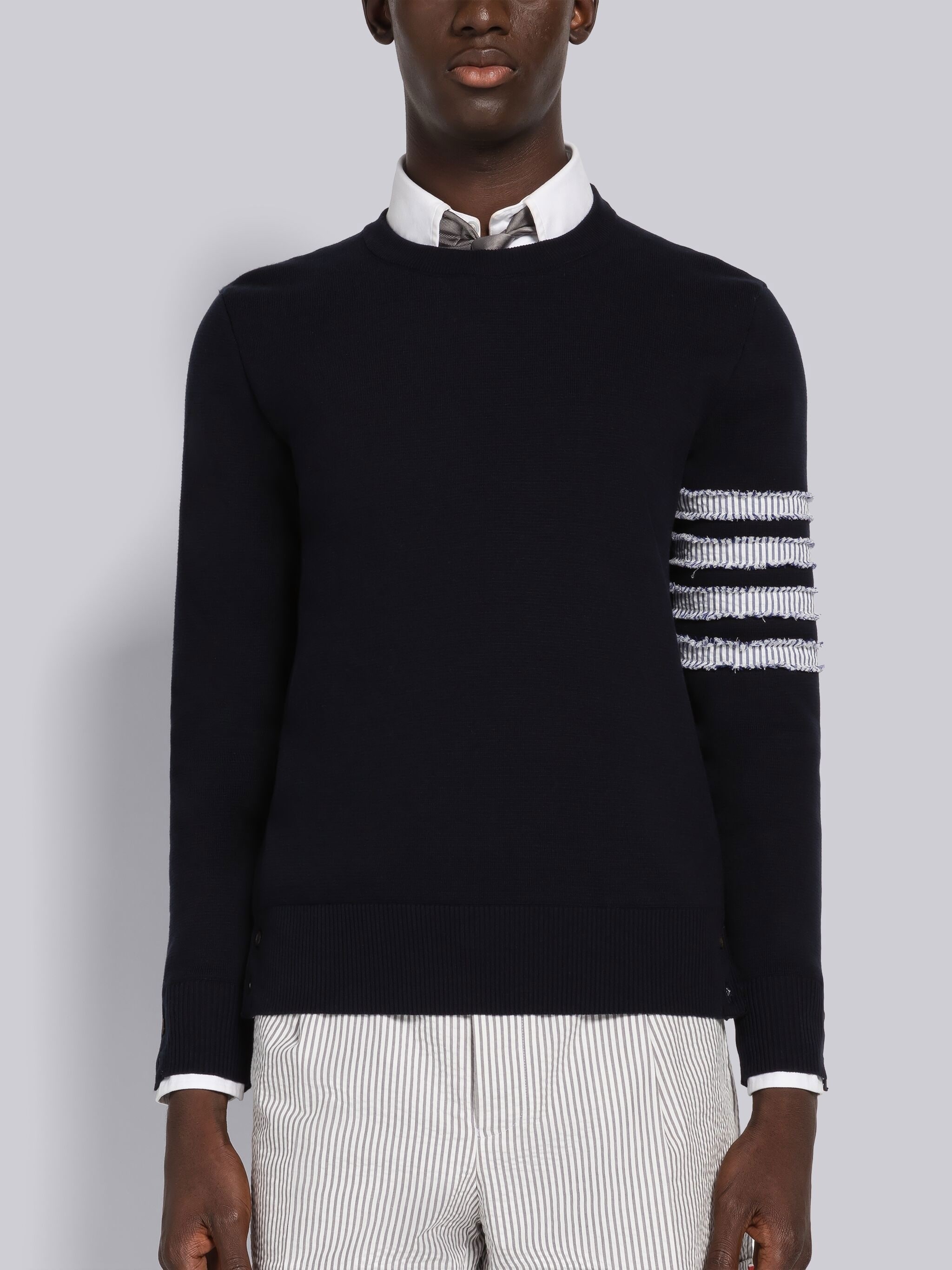 Thom Browne Milano Seersucker 4-Bar Crew Neck Pullover | REVERSIBLE