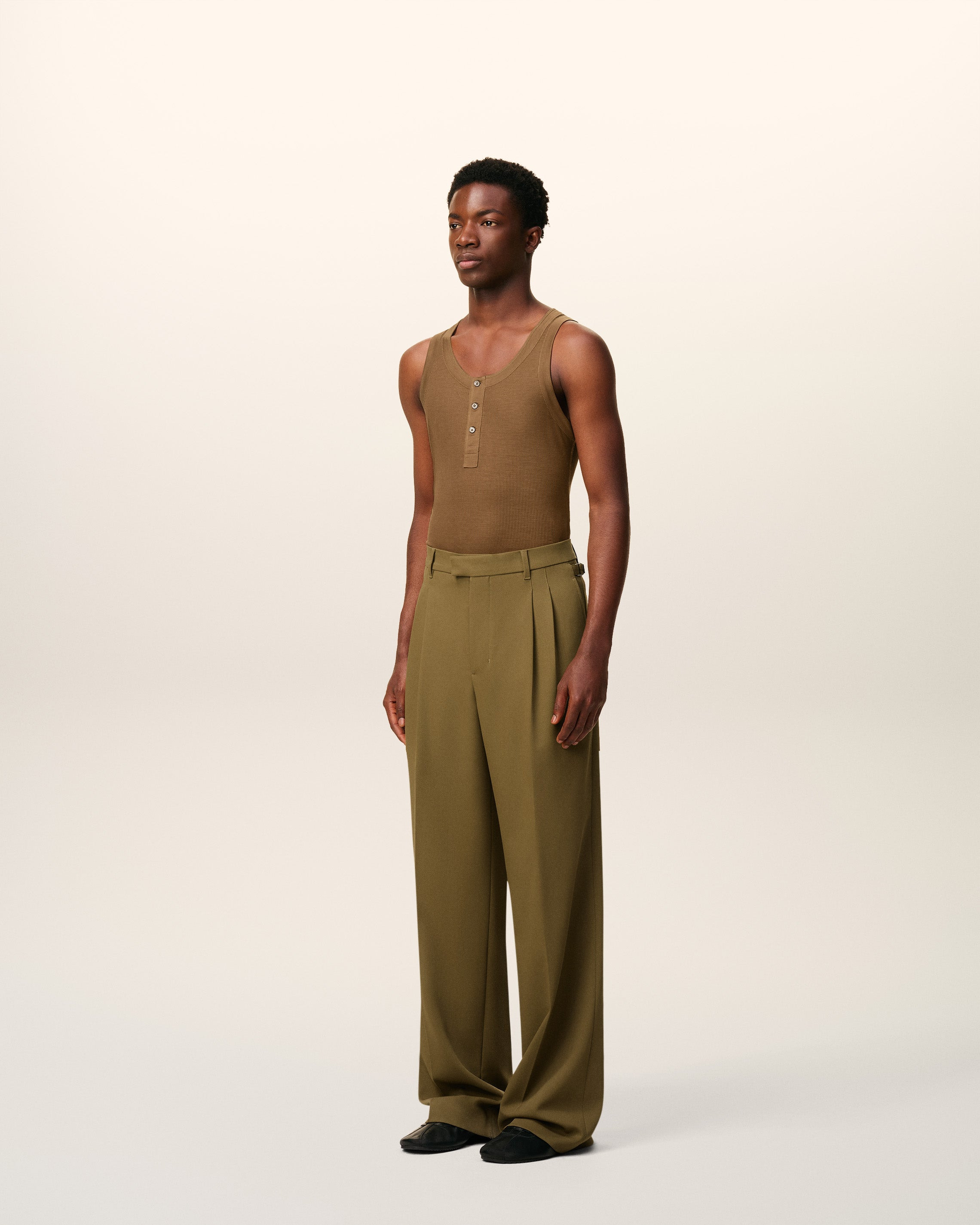 GREEN WOOL LOW WAIST WIDE TROUSERS - 6