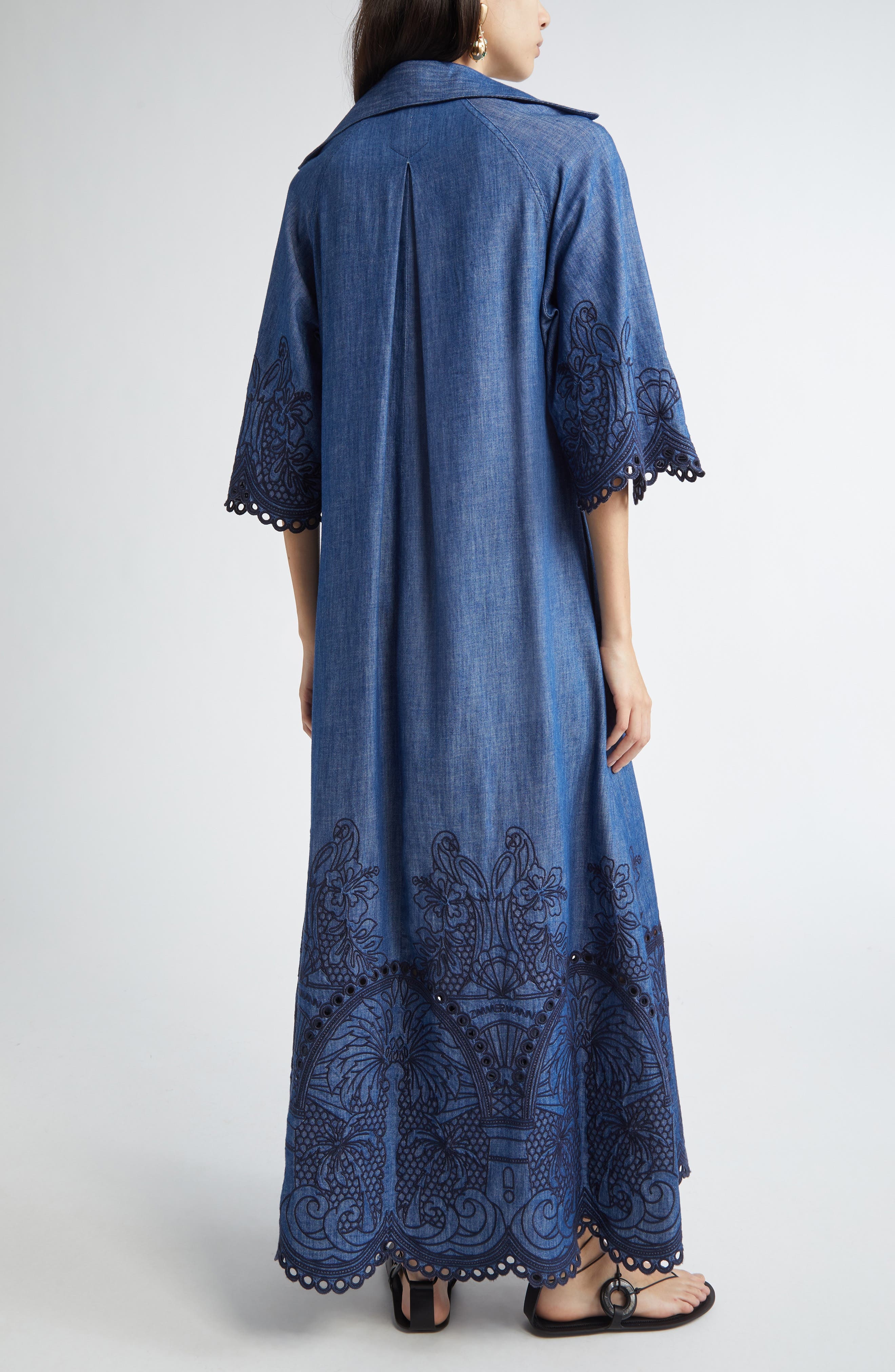 Zimmermann Coco Embroidered Denim Caftan Dress in Railway Blue at Nordstrom - 2