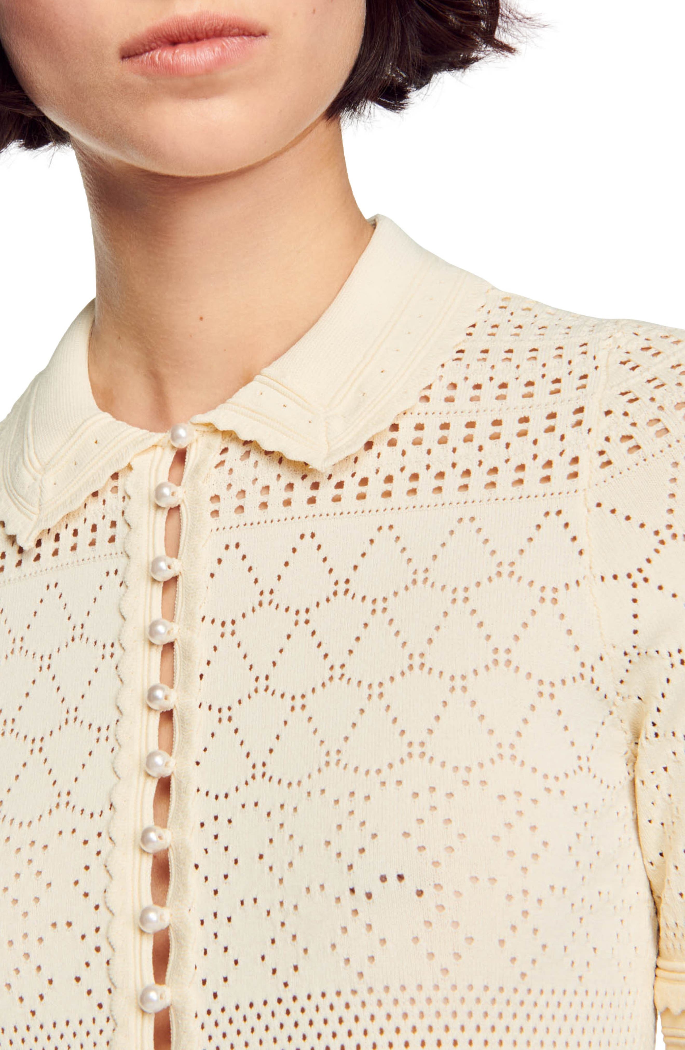 SANDRO Solene Short Sleeve Sheer Pointelle Crop Sweater in Black at Nordstrom - 4