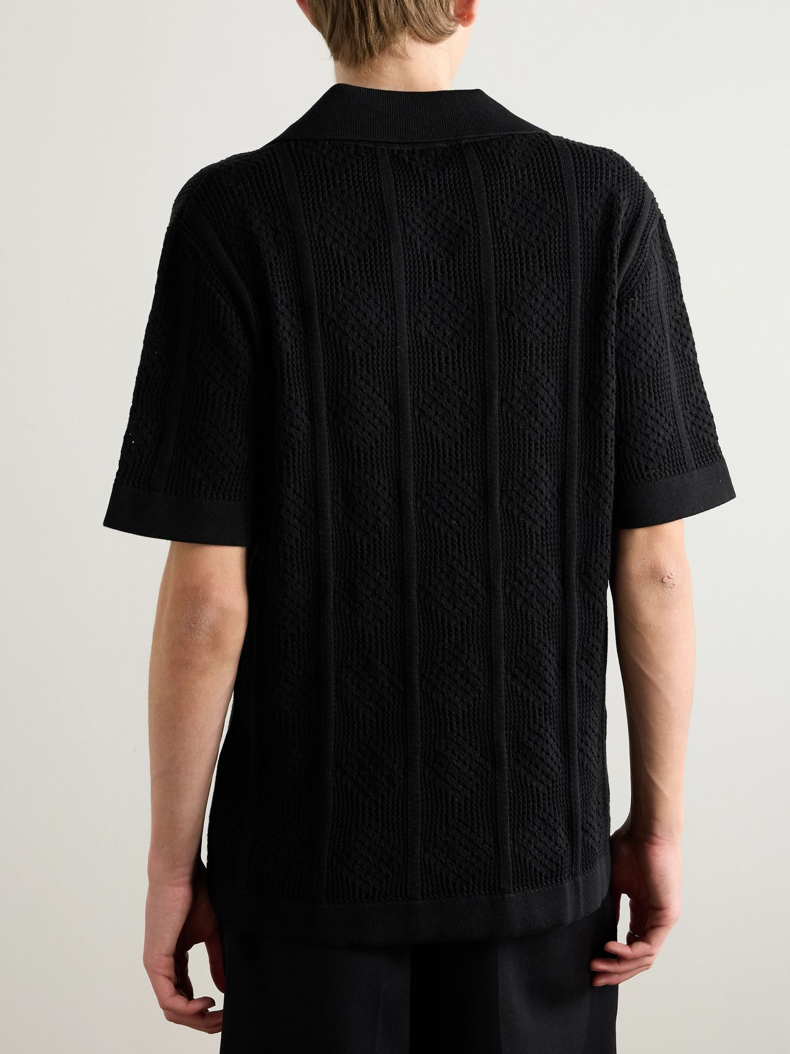Open-Knit Cotton Polo Shirt Black - 3