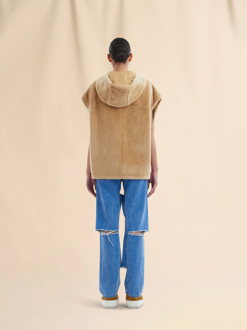 BROWN SHAVED SHEARLING HOODED GILET - 3