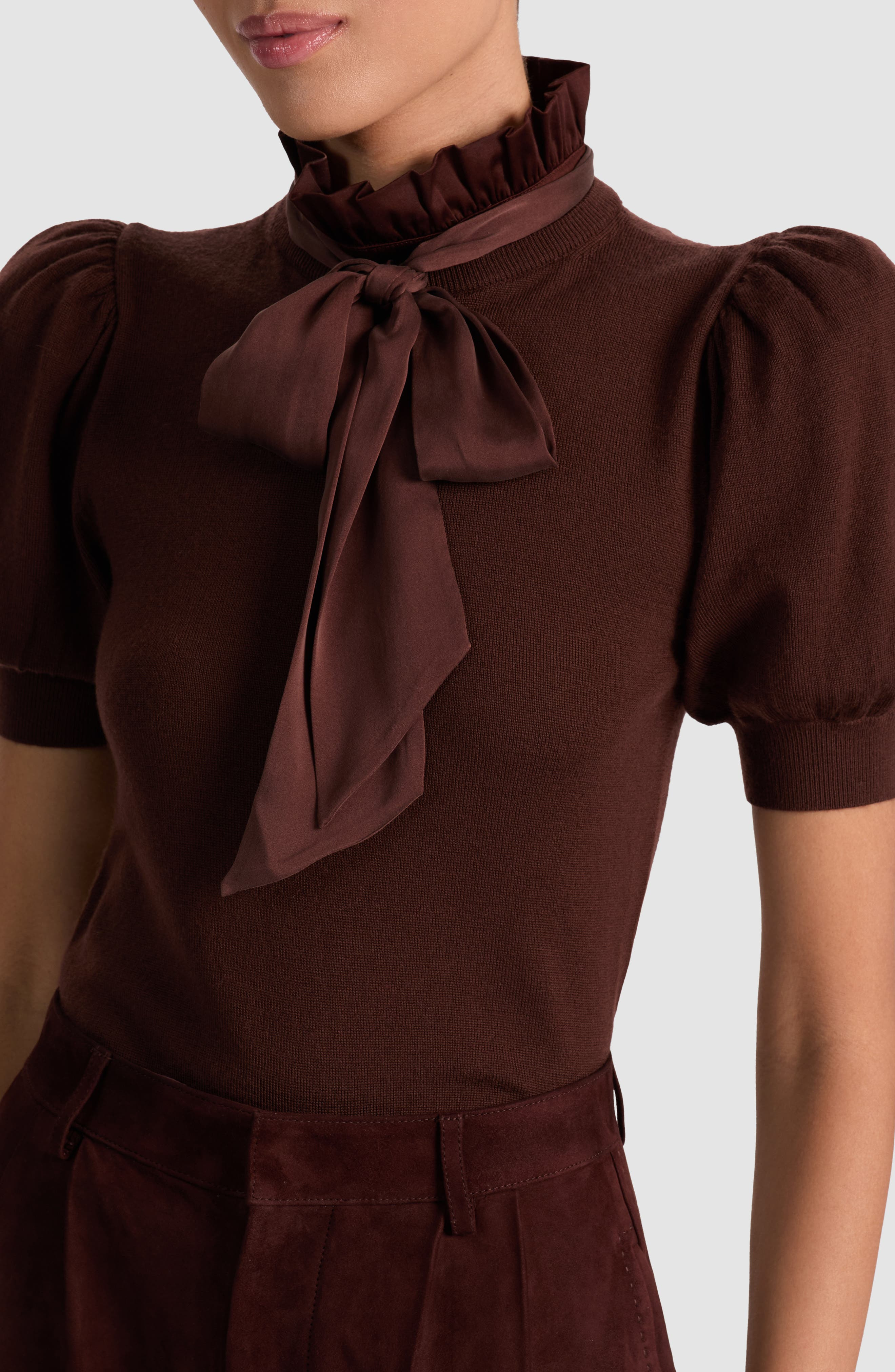 Alice + Olivia Chase Ruffle Tie Neck Stretch Wool Sweater in Dark Chocolate at Nordstrom - 4