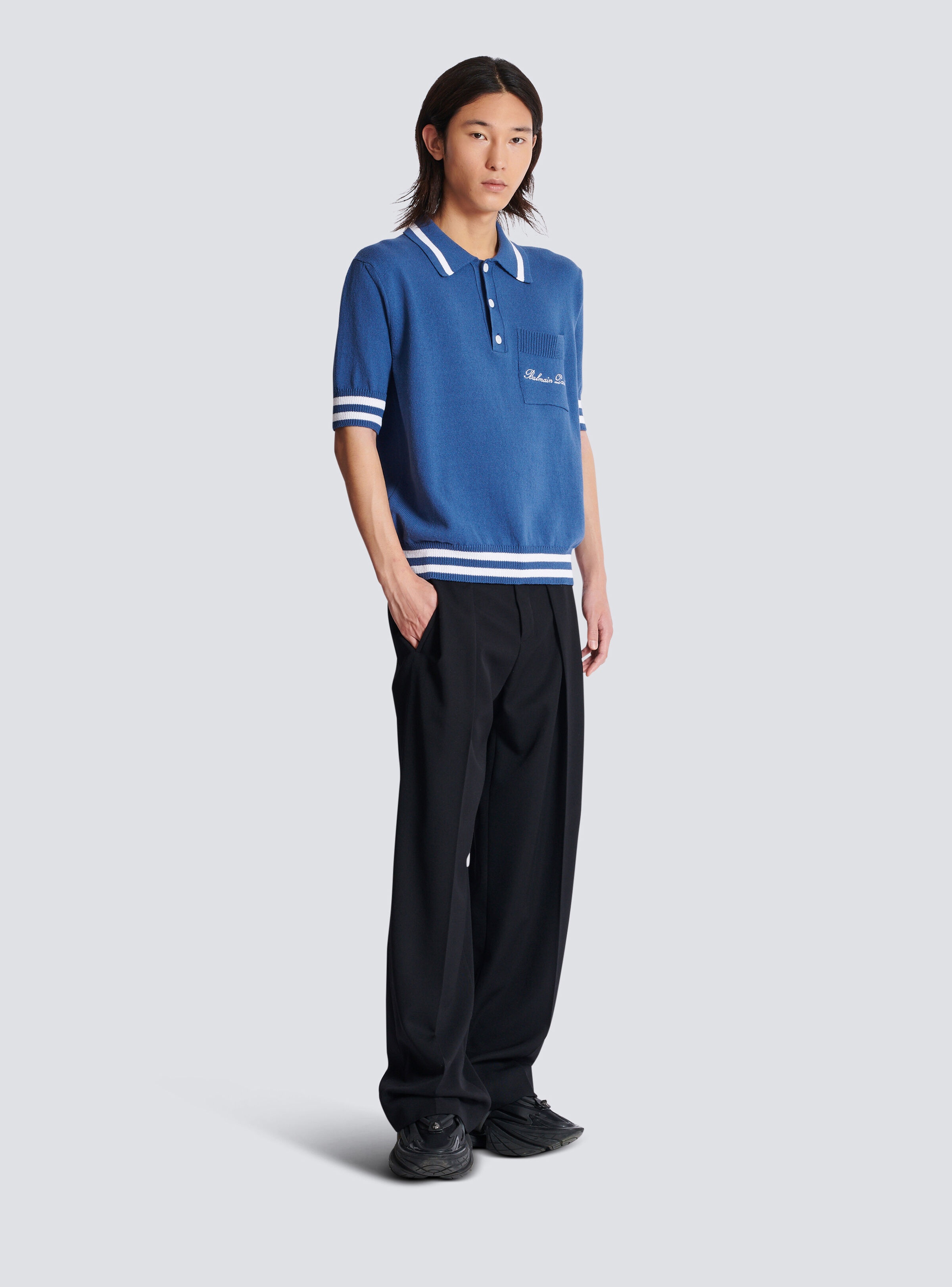 Cotton-linen polo shirt with Balmain Signature embroidery - 3