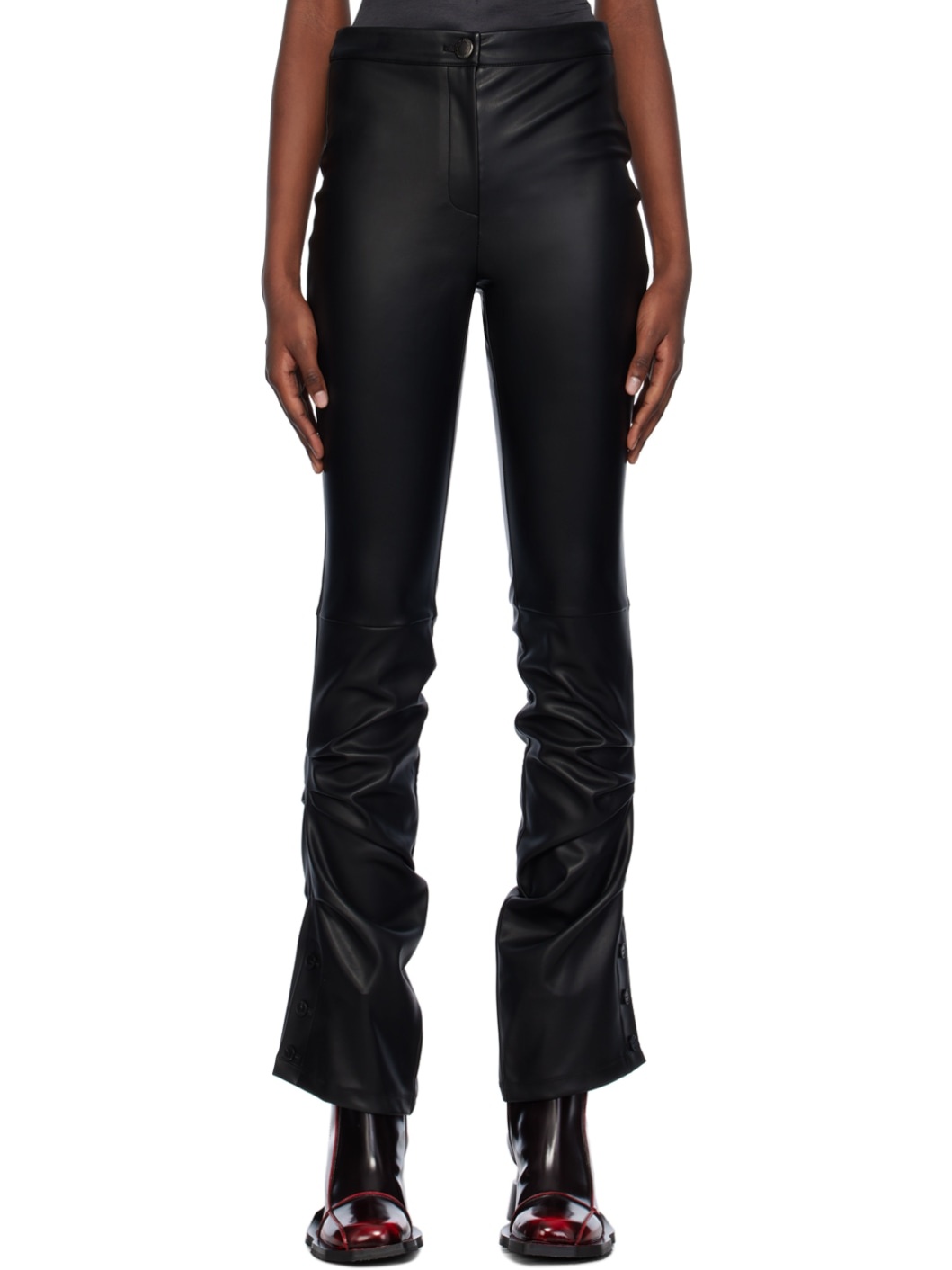 Black Drape Faux-Leather Trousers - 1