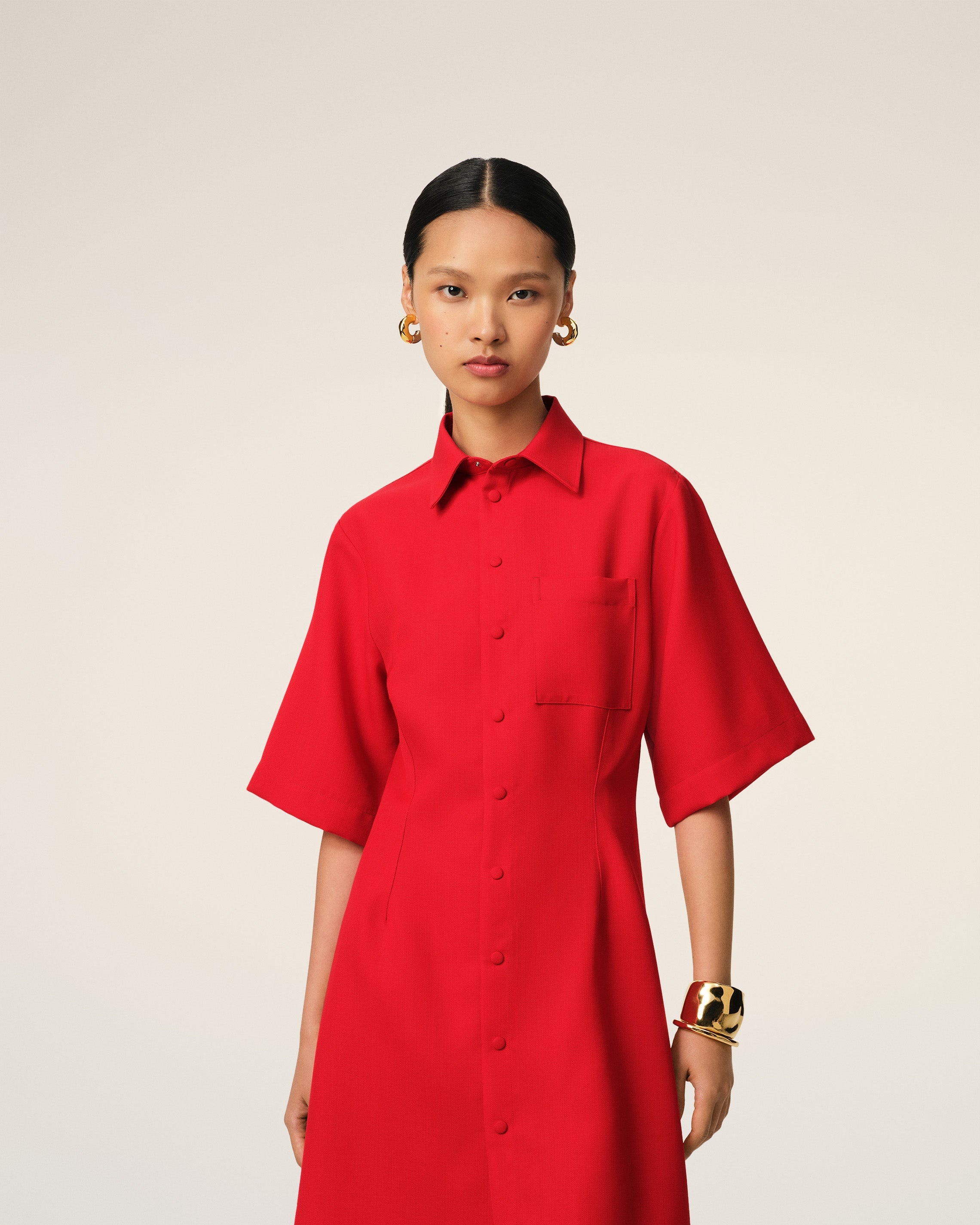 RED WOOL SHORT SLEEVE SHIRT DRESS - 3