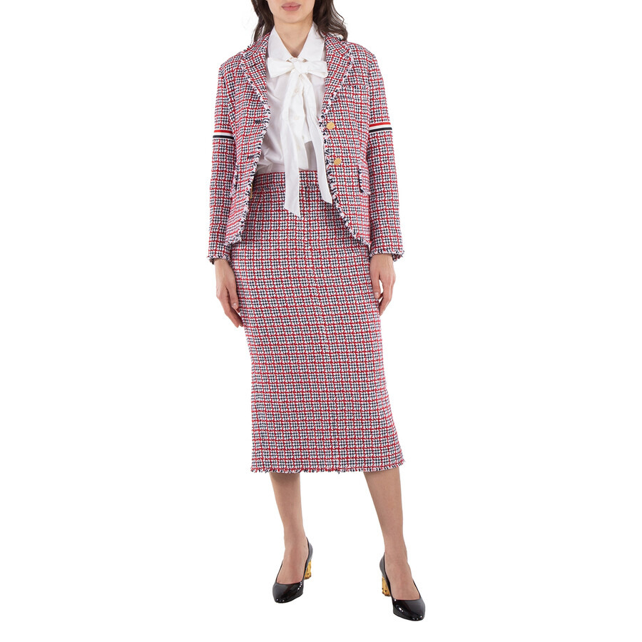 Thom Browne Ladies Check Summer Tweed Fray Maxi Low Rise Pencil Skirt - 4
