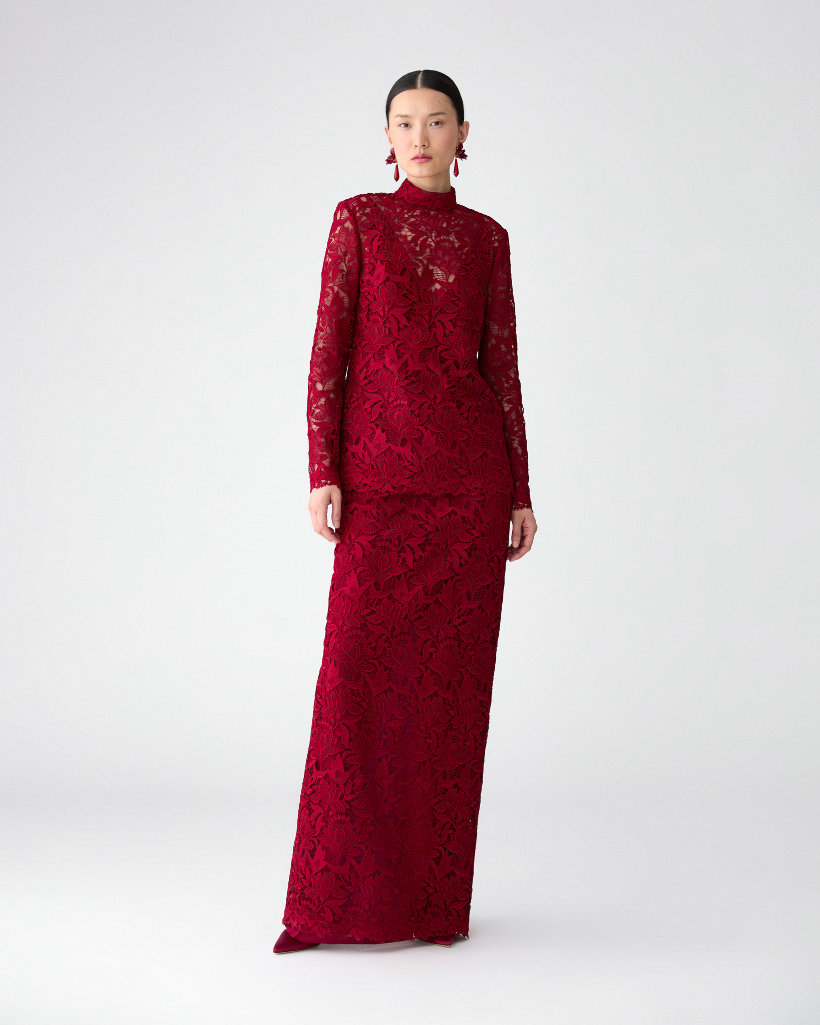 Tulip-Embroidered Lace Column Skirt - 2