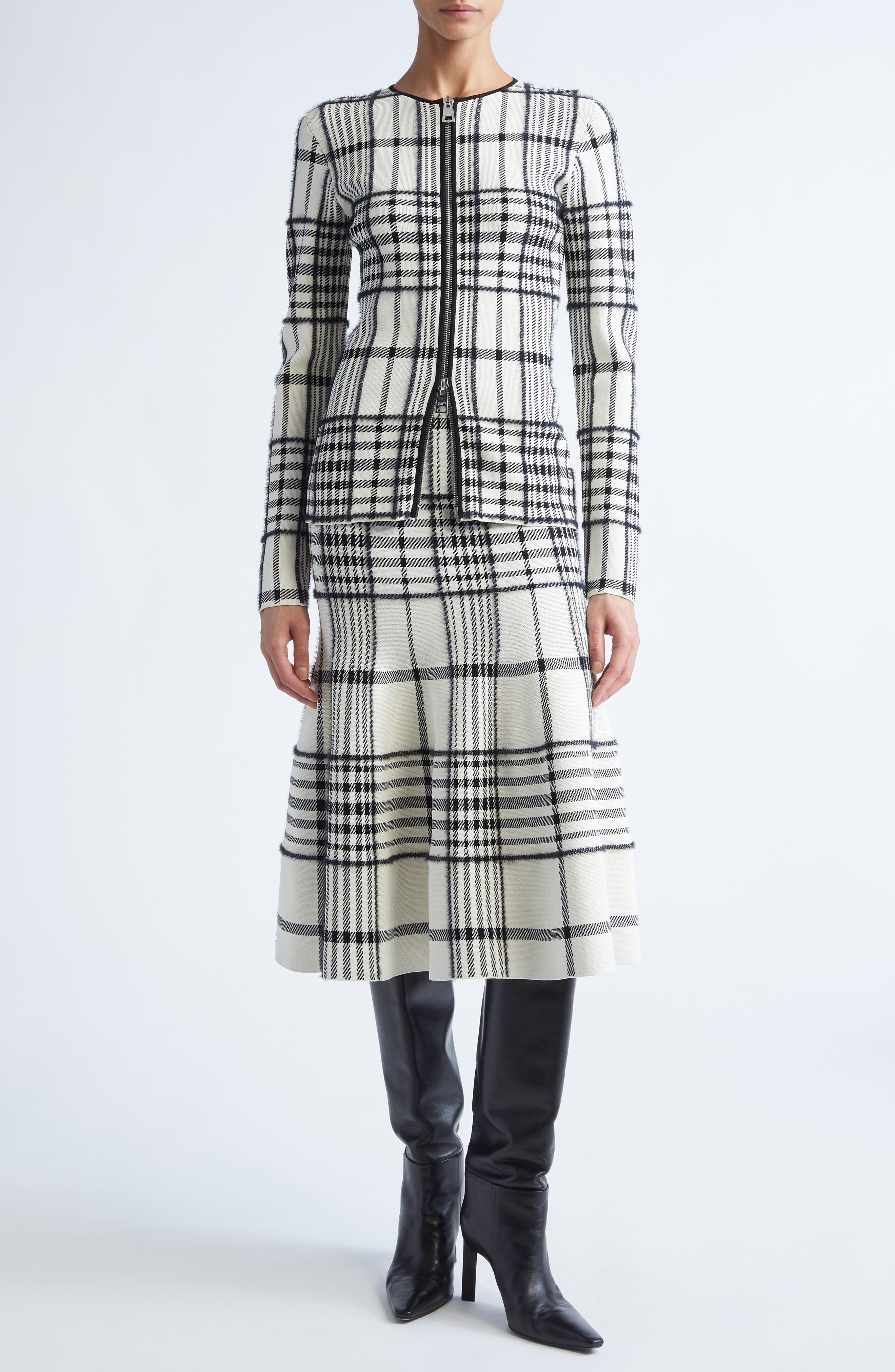 Brandon Maxwell The Rory Knit Flare Midi Skirt in Ivory Plaid at Nordstrom - 2