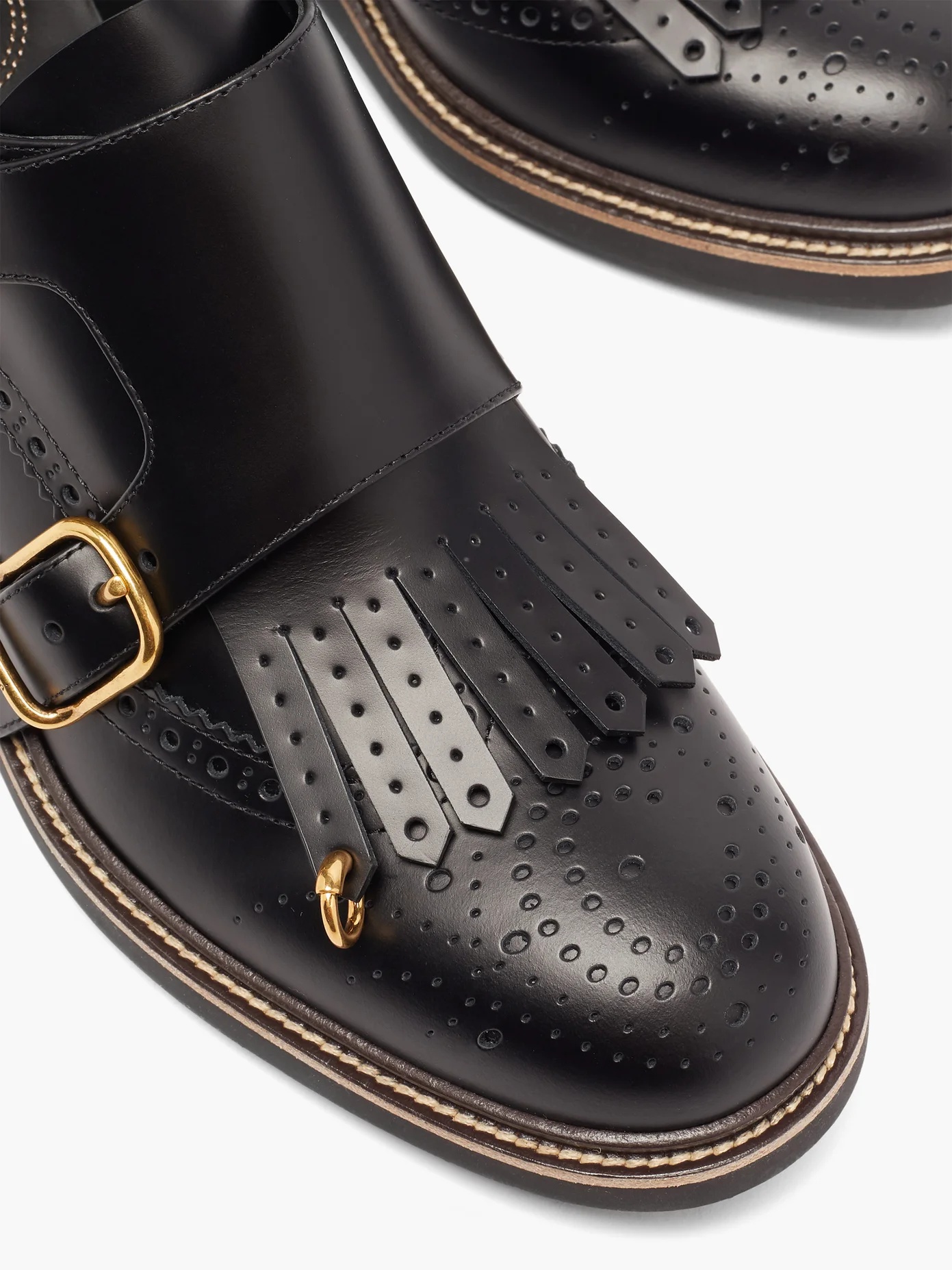 Fringed-vamp monk-strap leather brogues - 6