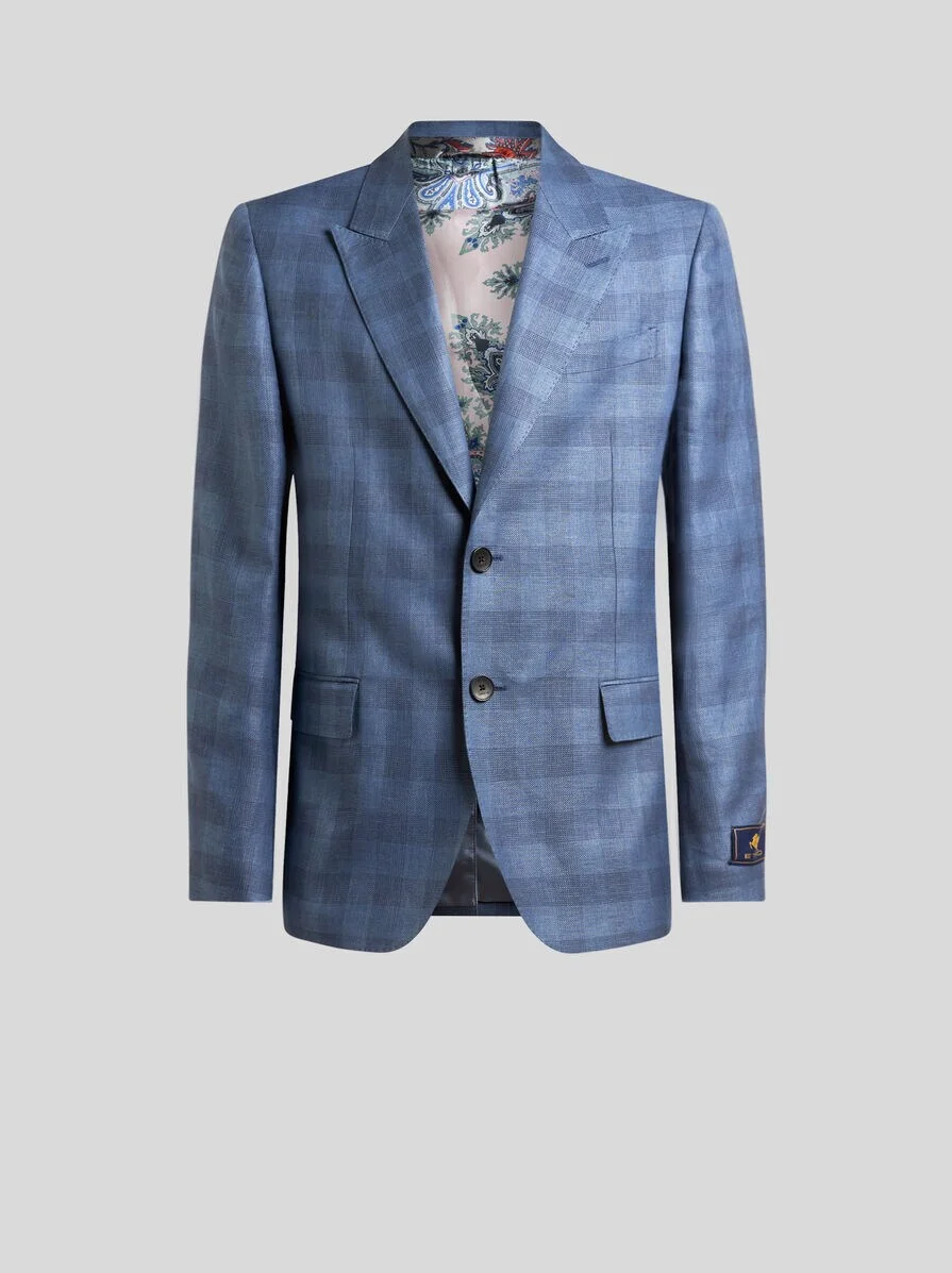 SINGLE-BREASTED LINEN-BLEND JACQUARD JACKET WITH CHECK MOTIF - 1