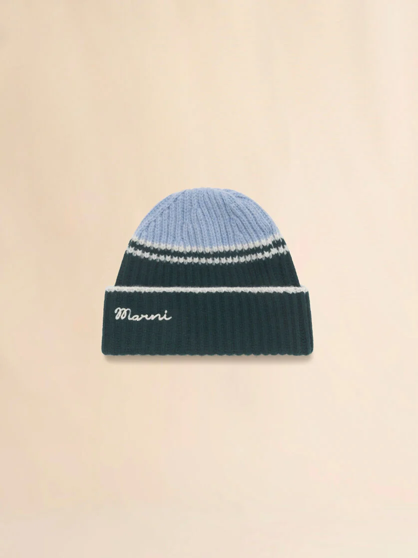 LIGHT BLUE WOOL-CASHMERE FISHERMAN'S RIB BEANIE - 1
