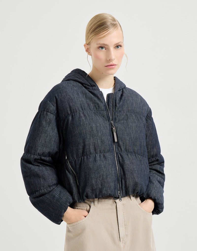 Brunello Cucinelli Cotton denim-effect twill down jacket with monili outlook