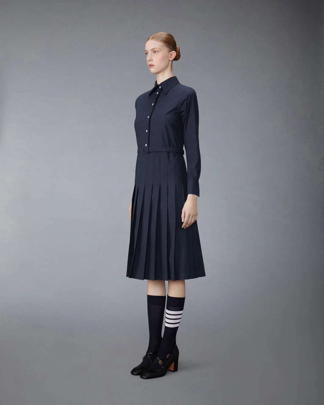 KNEE LENGTH LONG SLEEVE PLEATED DRESS - 3