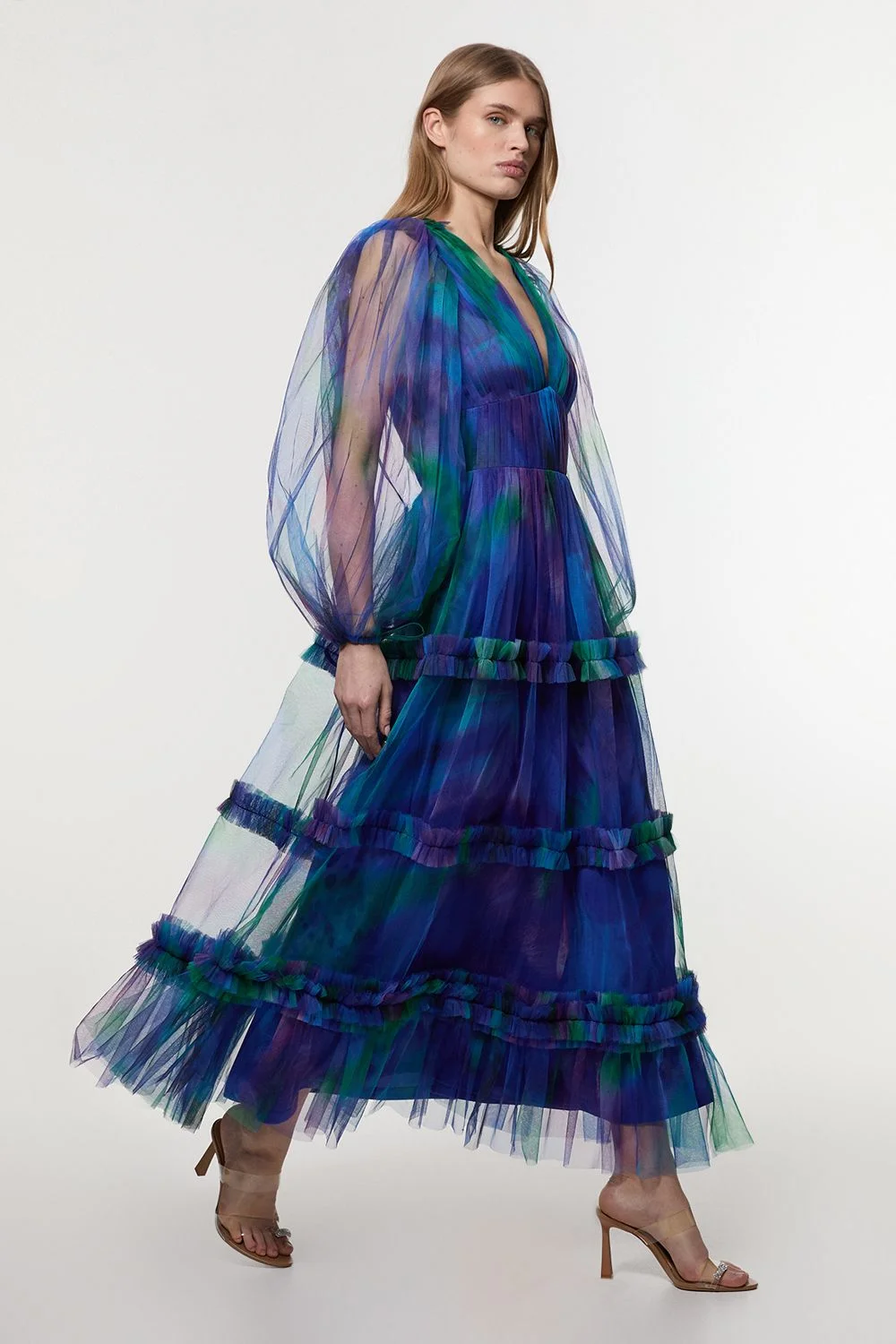 Dark Floral Tulle Plunge Balloon Sleeve Maxi Dress - 1