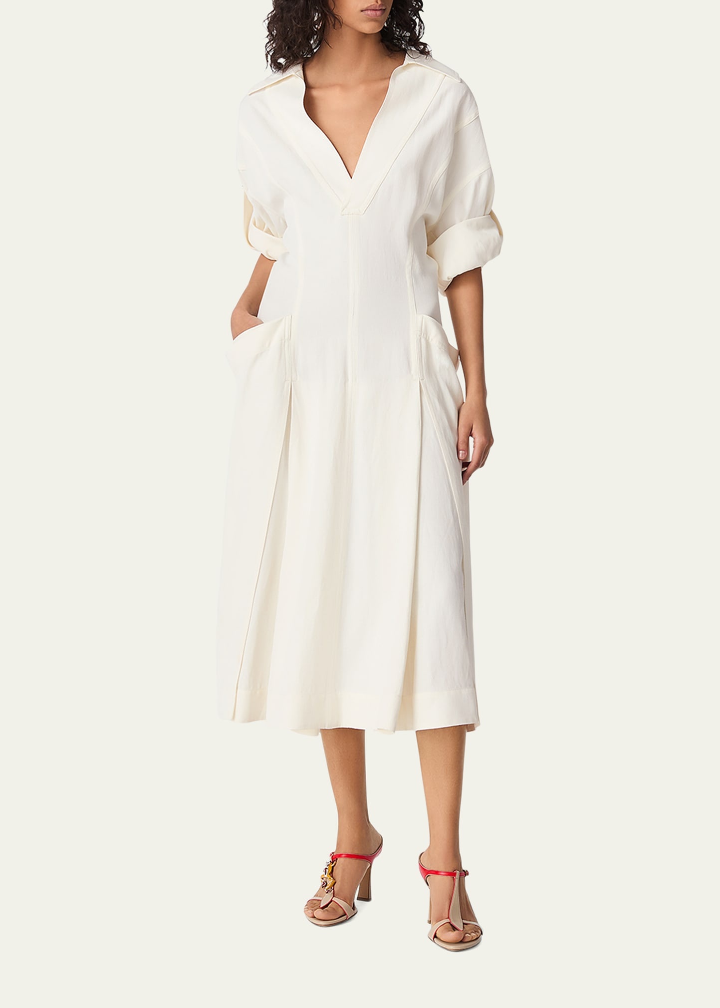 Fit-and-Flare Grainy Midi Dress with Frog Embellishments - 2