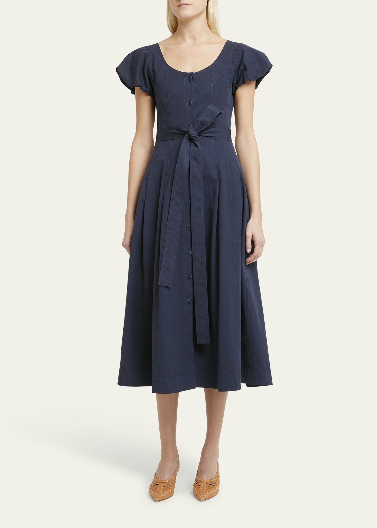 Rhea Puff-Sleeve Belted Midi Poplin Dress - 2