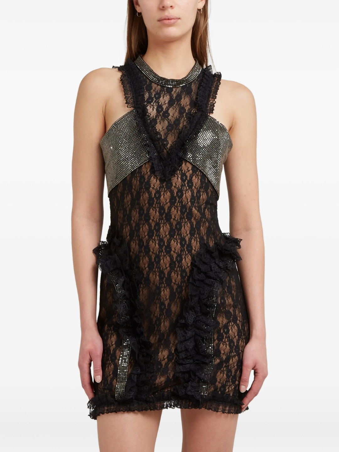 Black Lace Crystal Detail Mini Dress - 4