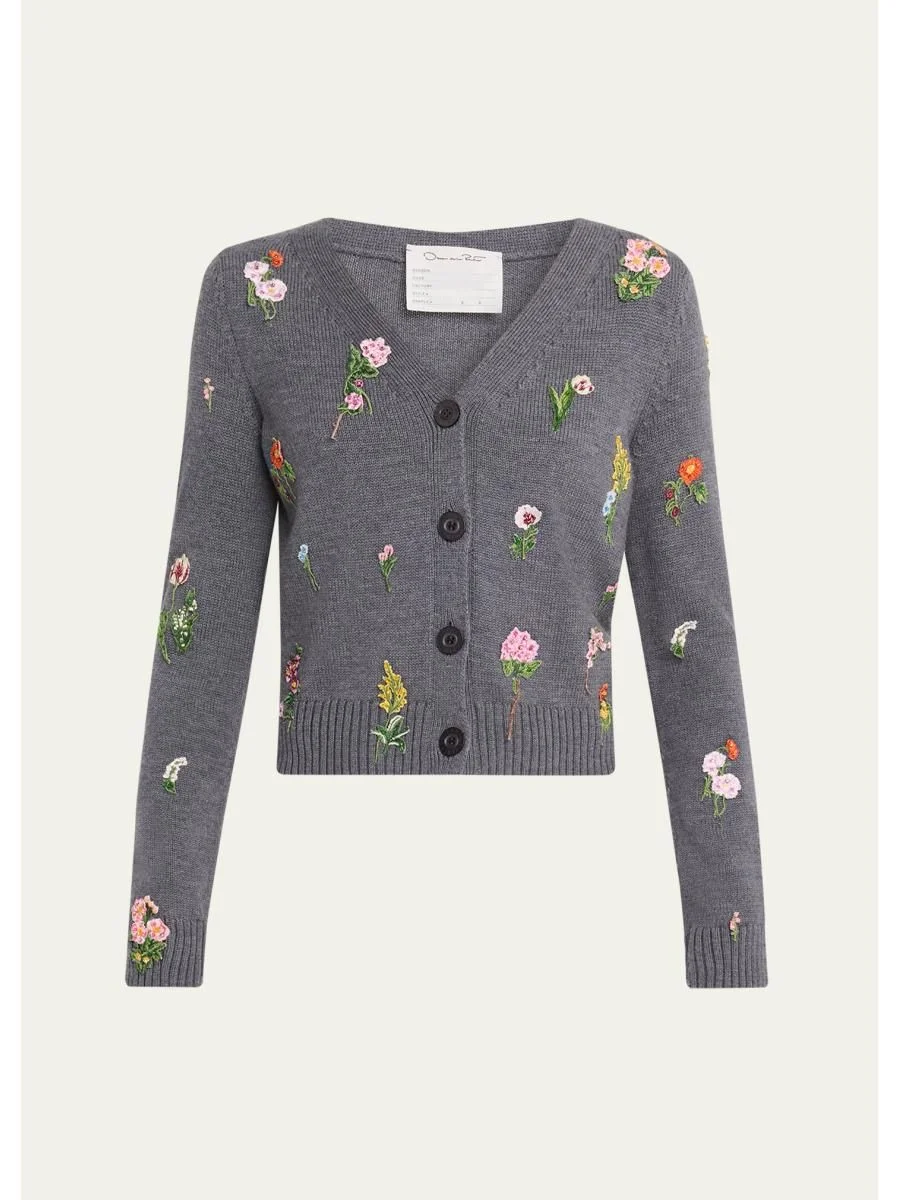 Embroidered Wool Mini V-Neck Cardigan - 1