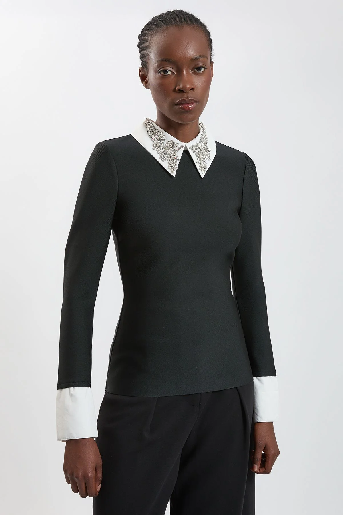 Figure Form Bandage Embellished Collar Knit Top - 1