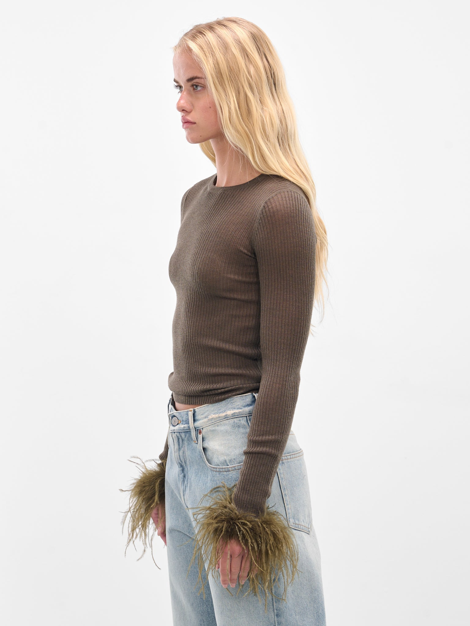 Feather Trim Long Sleeve Sweater - 2