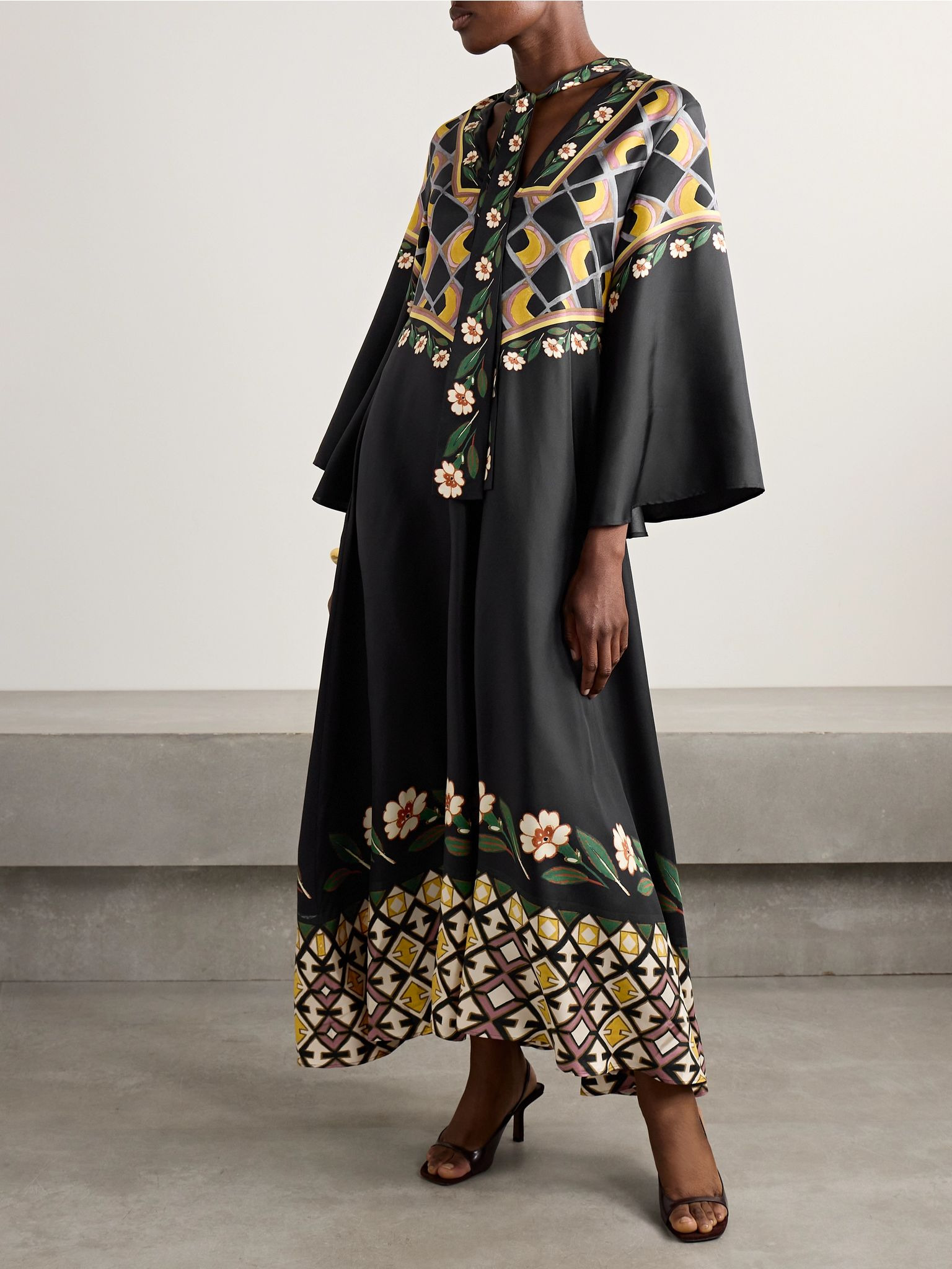 Magnifico tie-neck printed silk-twill maxi dress Black - 5
