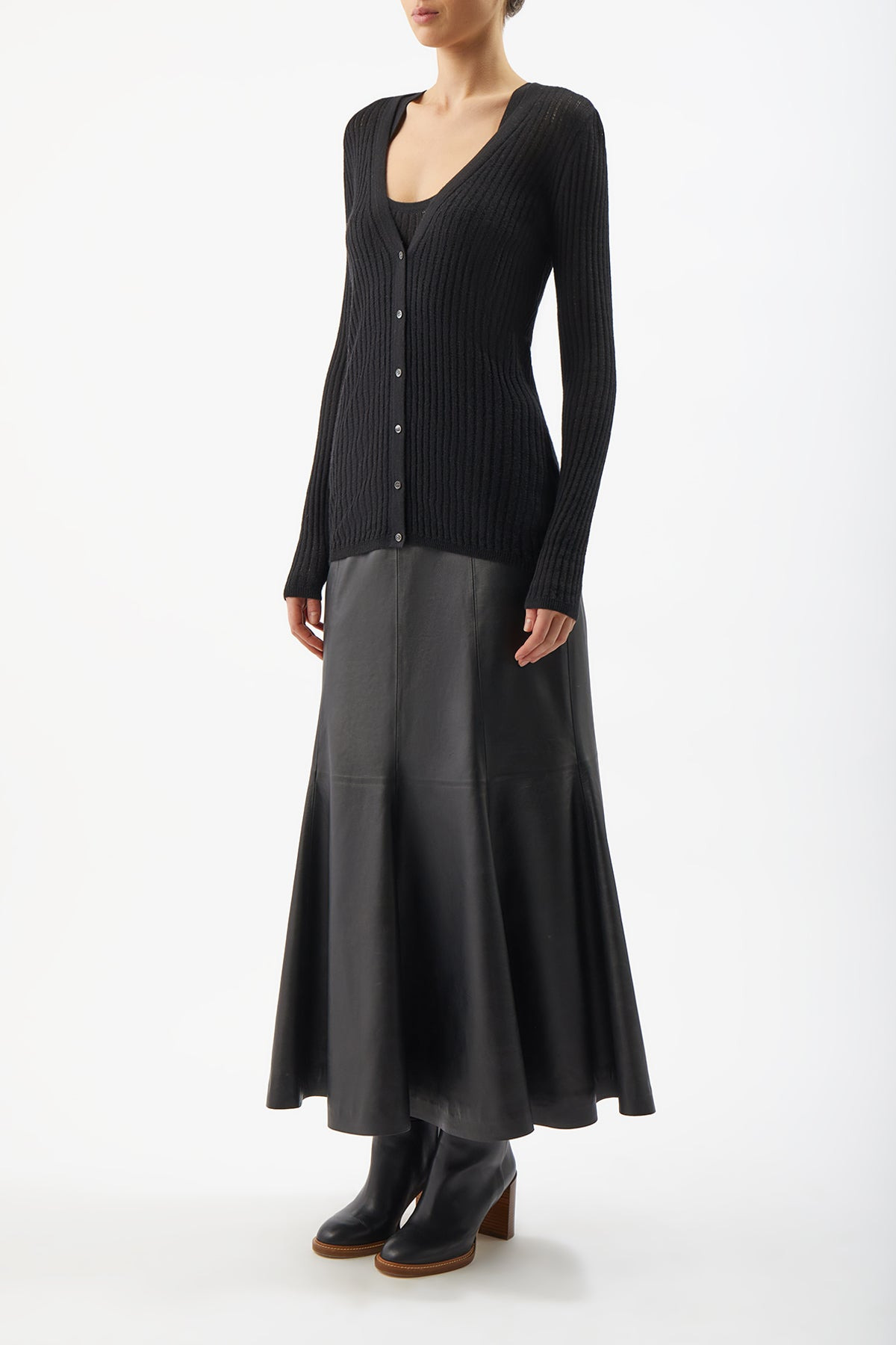 Emma Pointelle Cardigan in Black Silk Cashmere - 3