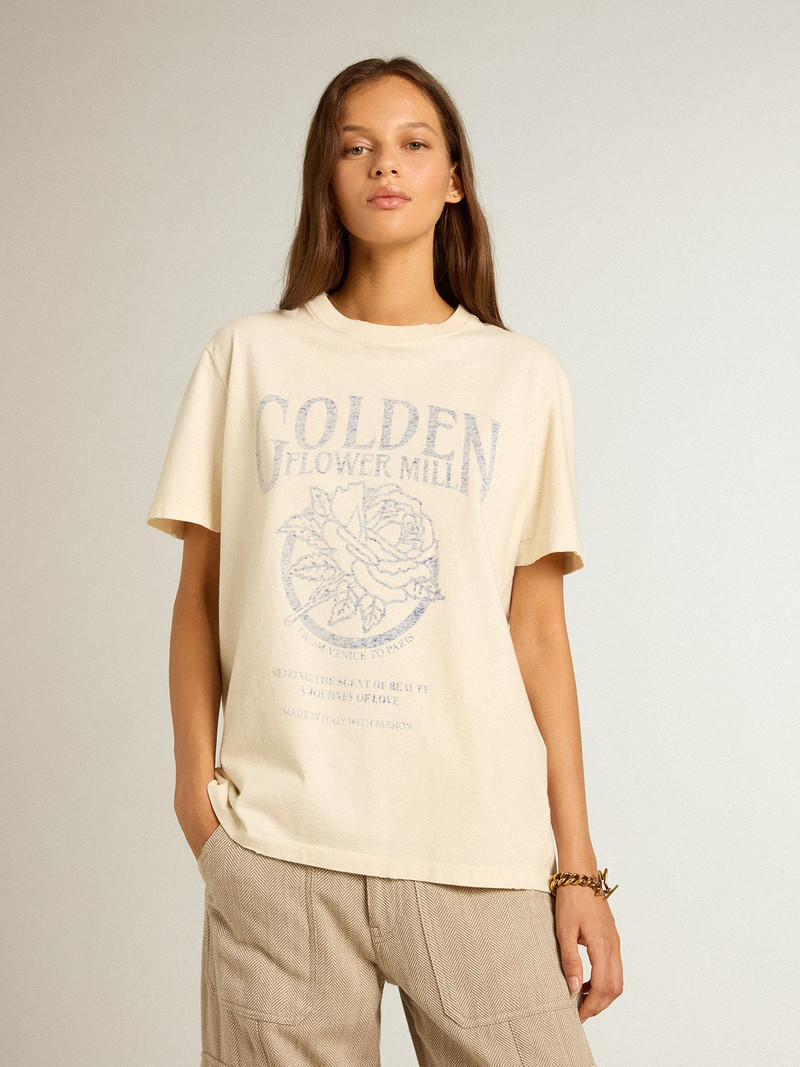 Golden Goose Women’s T-shirt in aged white cotton with seasonal print outlook