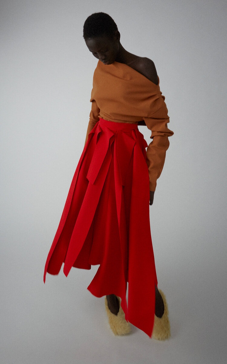 Asymmetrical Pleated Panel Midi Skirt red - 2