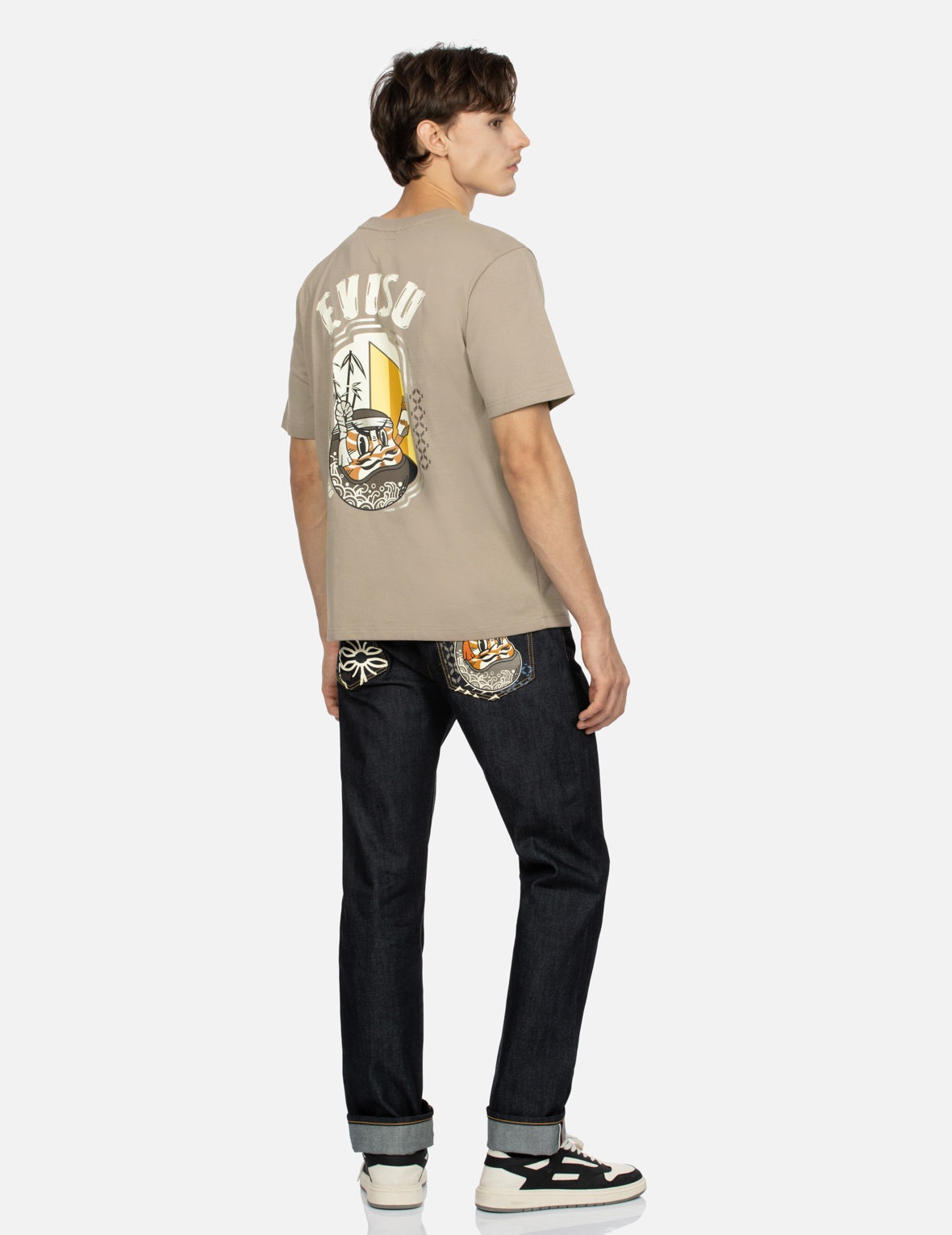 Fair Isle Pattern and Kumadori Daruma Print Slim Fit Denim Jeans #2010 - 3
