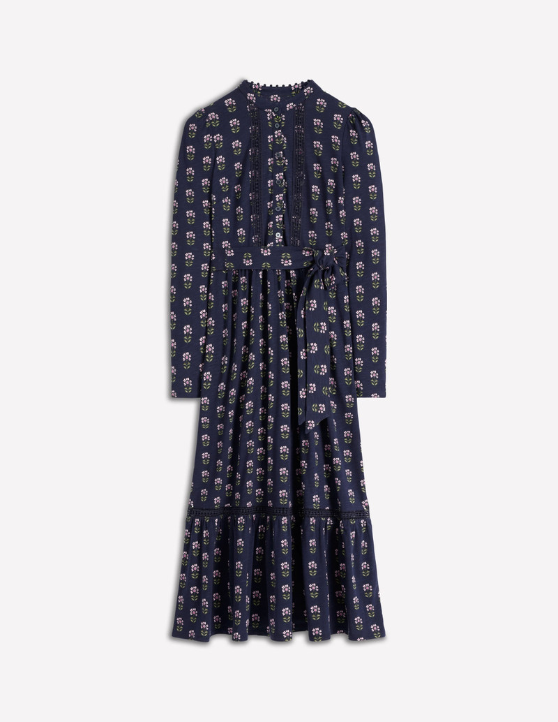 Edwina Jersey Shirt Dress-French Navy, Woodblock Flower 1