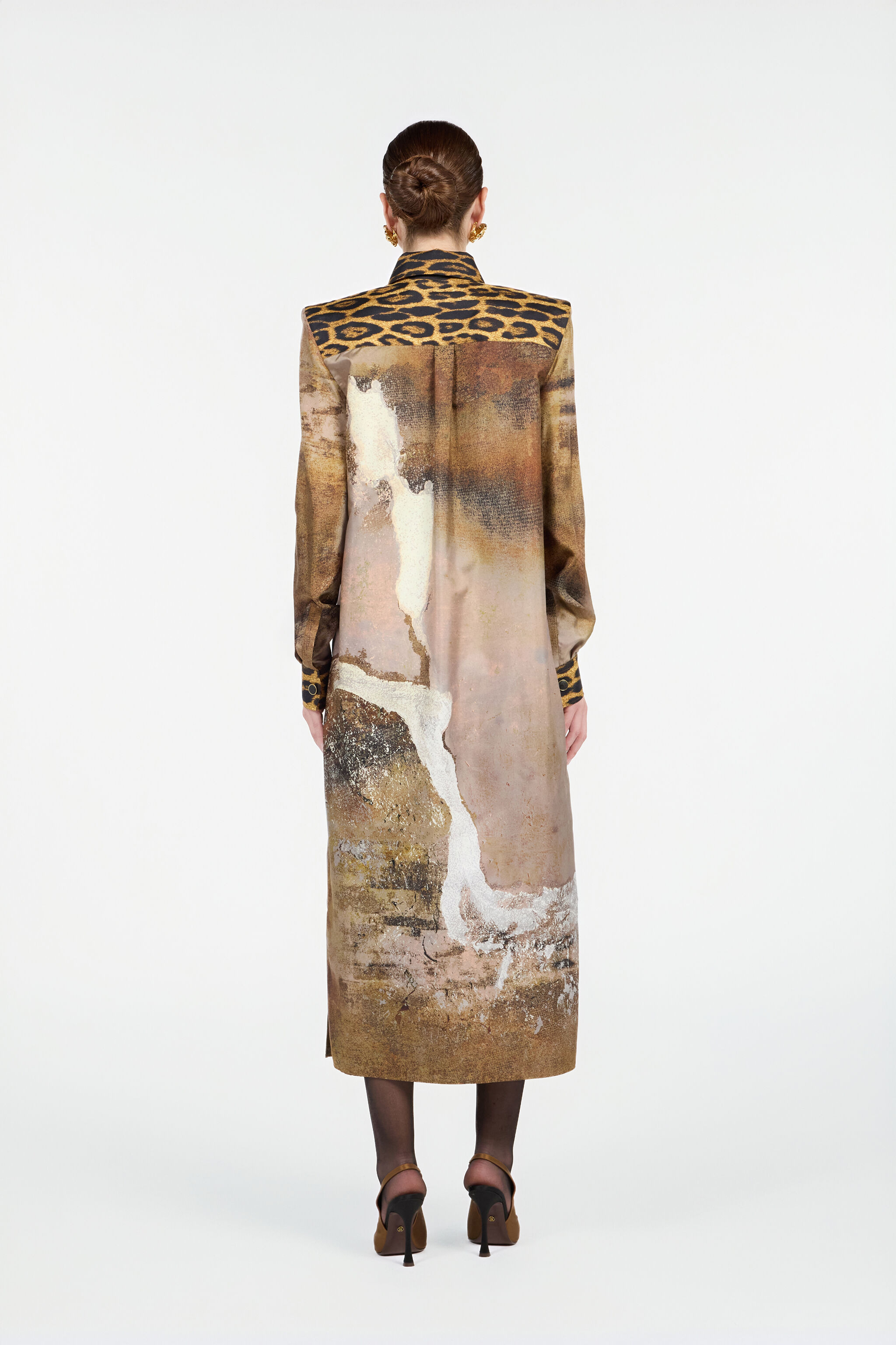 Beige Silk Shirt Dress with Marble Print - 4