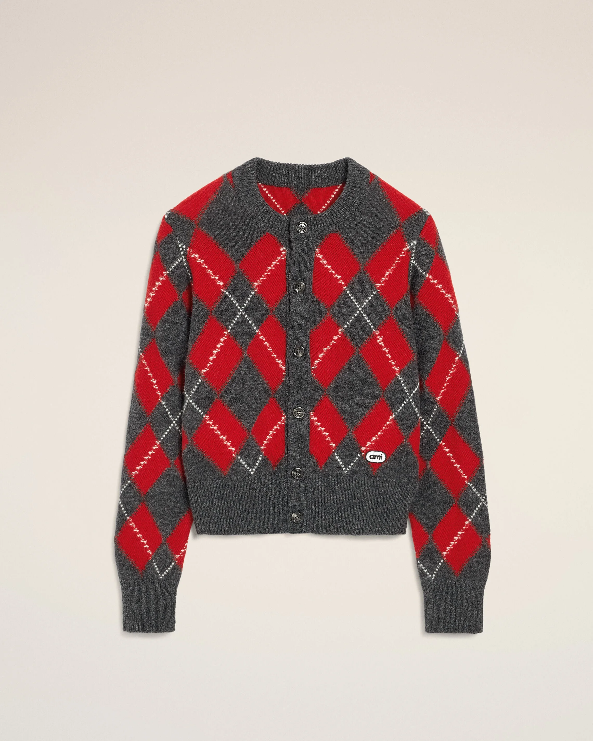 GREY WOOL CARDIGAN IN RED ARGYLE - 1