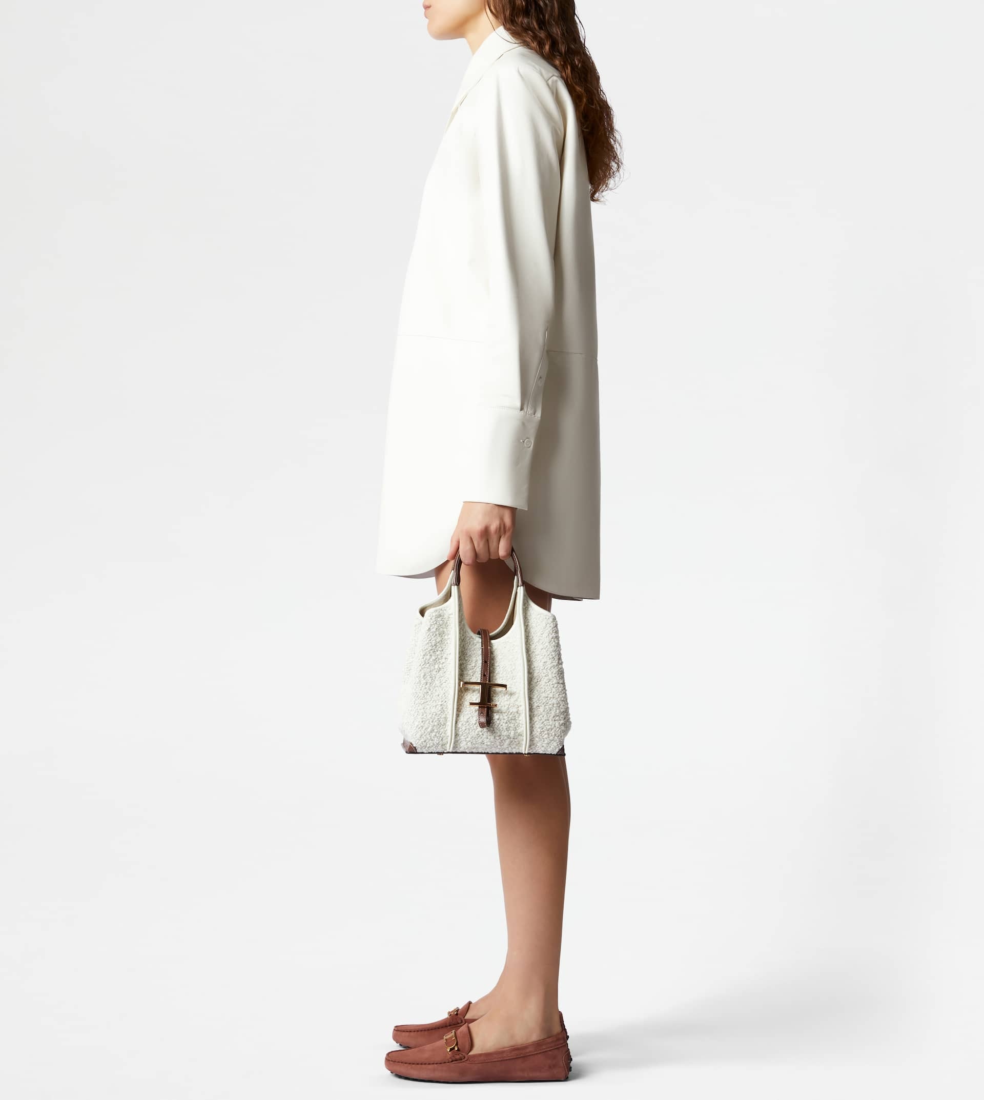 T TIMELESS SHOPPING BAG IN BOUCLÉ FABRIC AND LEATHER MINI - OFF WHITE, BROWN - 3