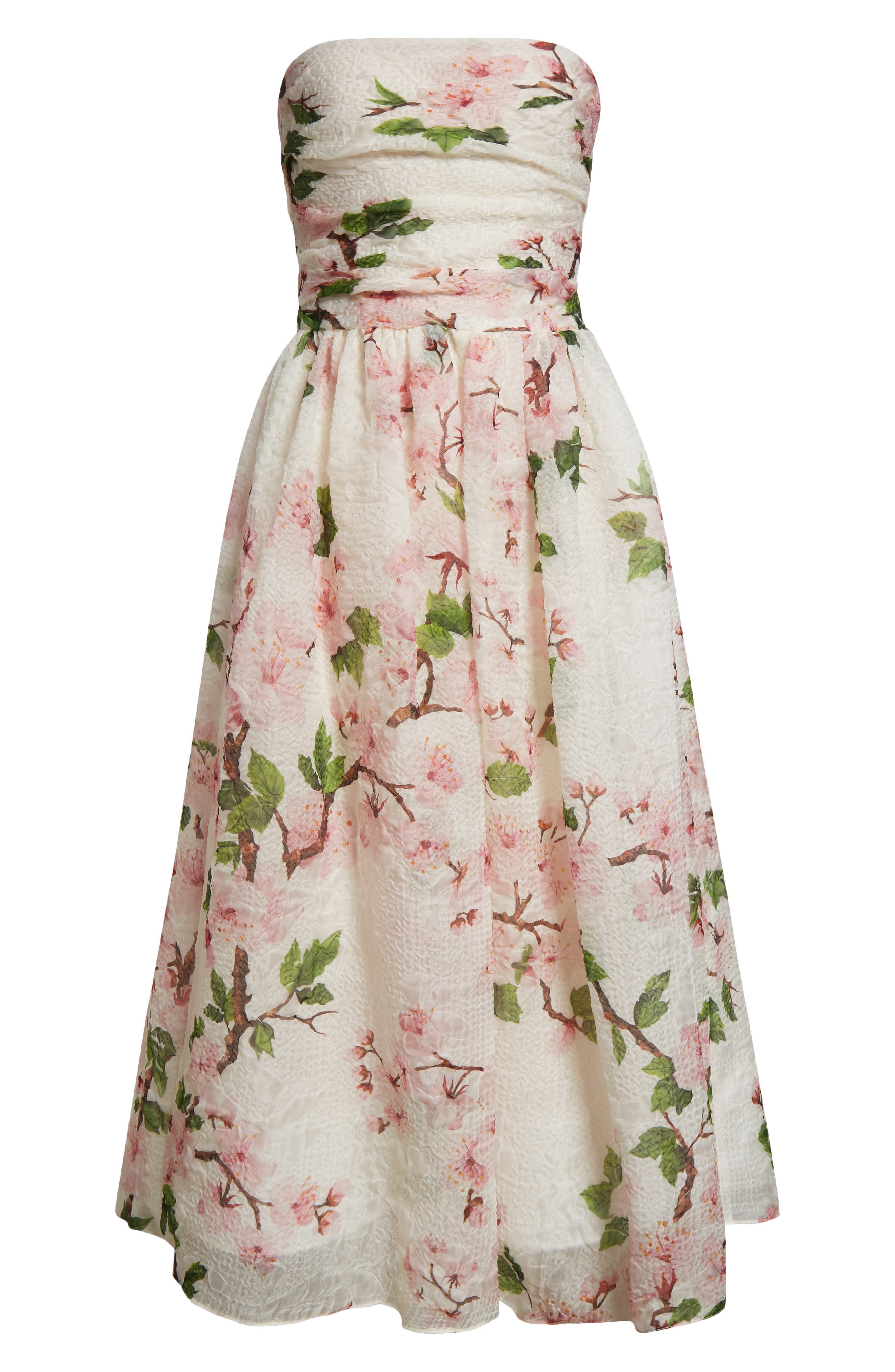Oscar de la Renta Cherry Blossom Strapless Organdy Midi Dress in Pink/Ivory at Nordstrom - 5