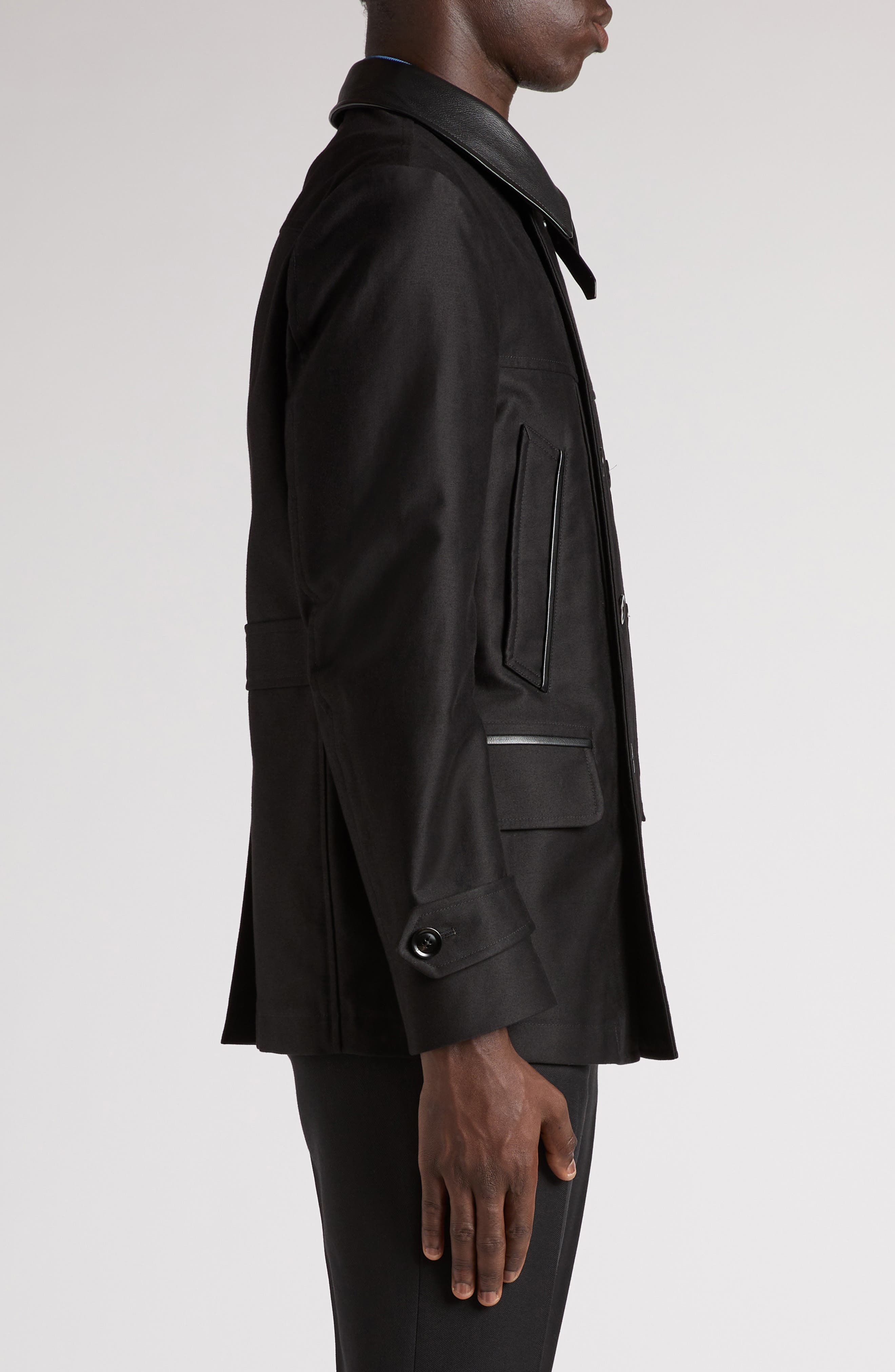 TOM FORD Leather Trimmed Brushed Cotton Satin Peacoat in Black at Nordstrom - 4
