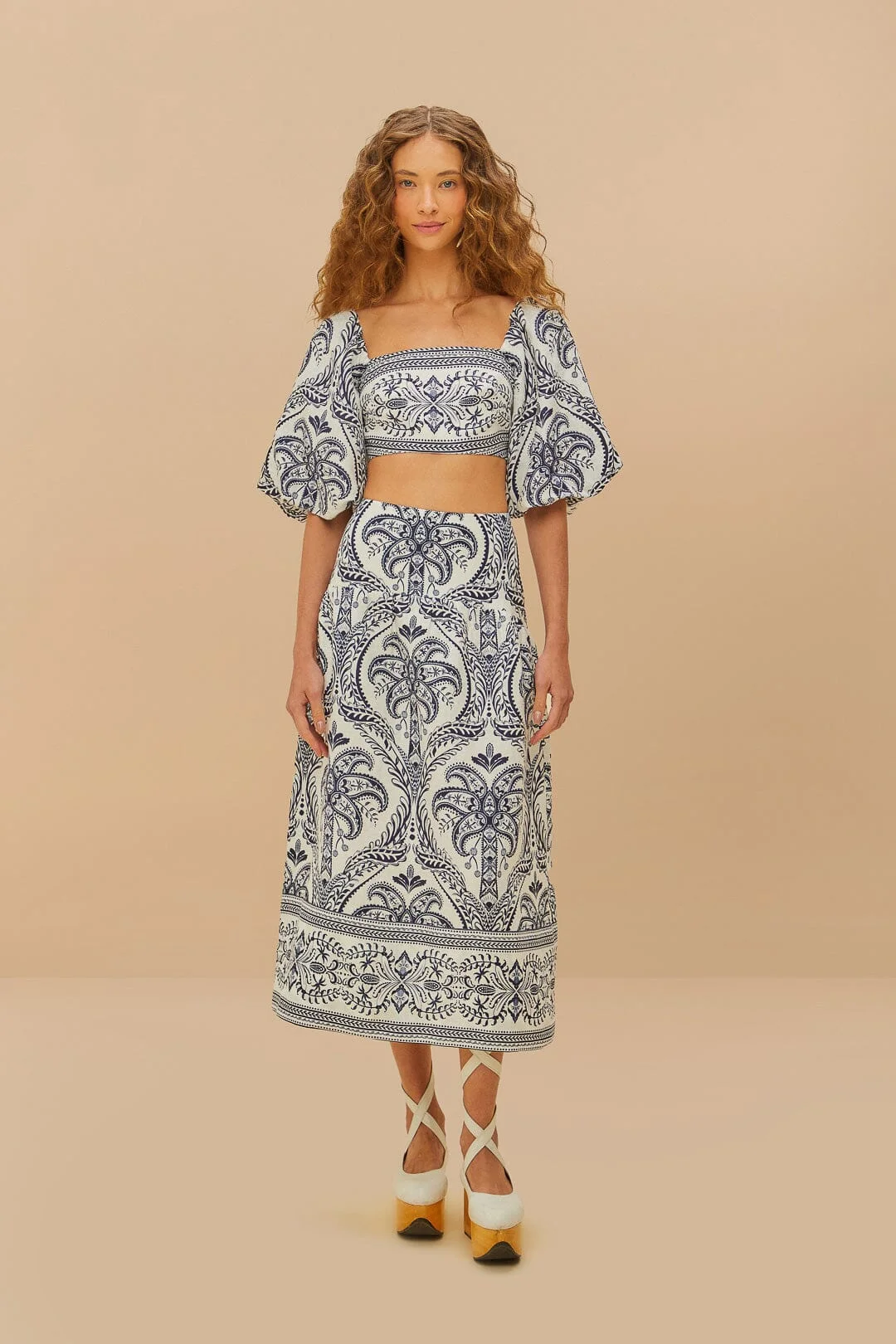 Off-White Tropical Cameo Euroflax™ Premium Linen Midi Skirt - 1