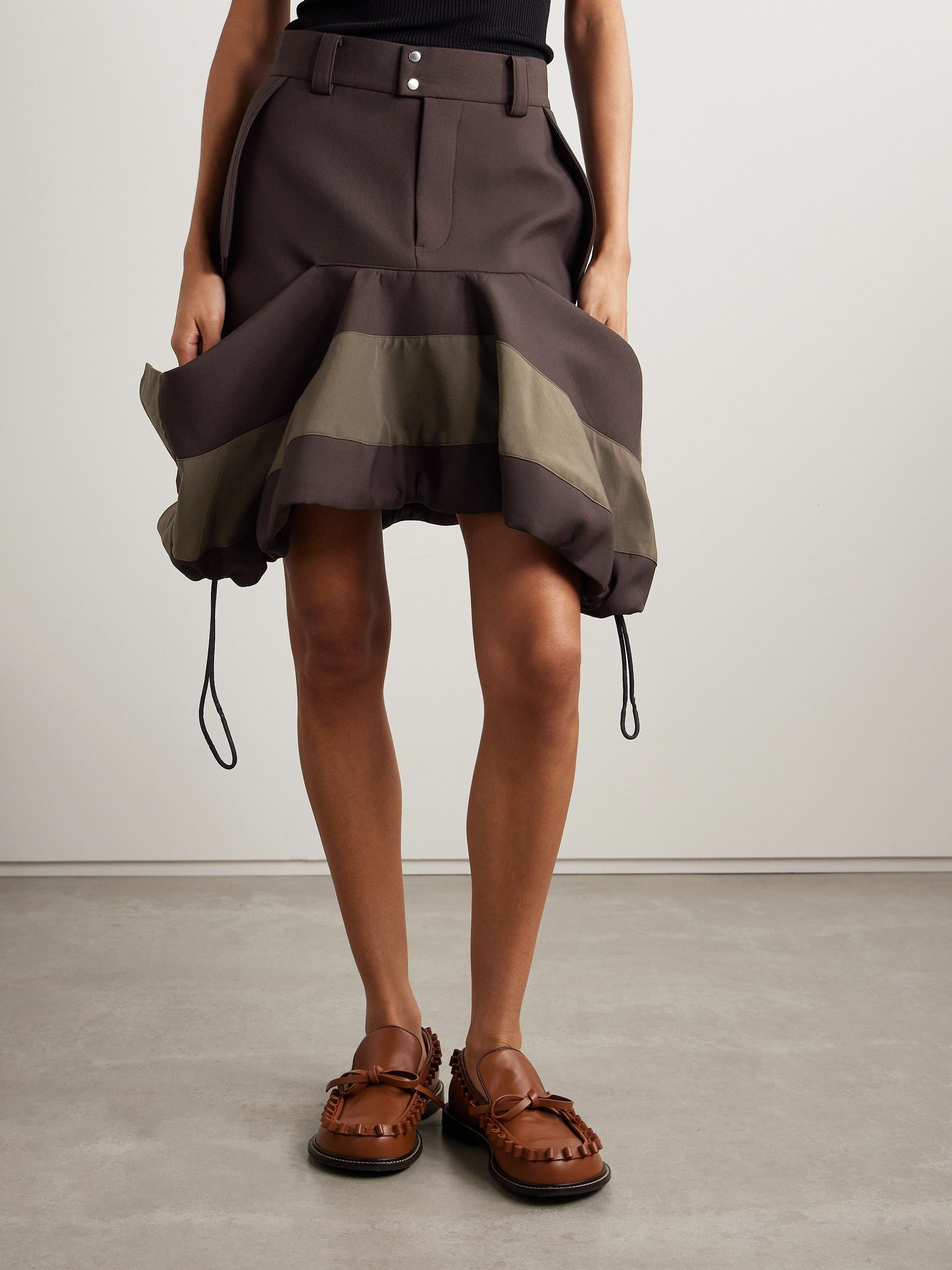 Draped paneled scuba and grosgrain skirt Brown - 3