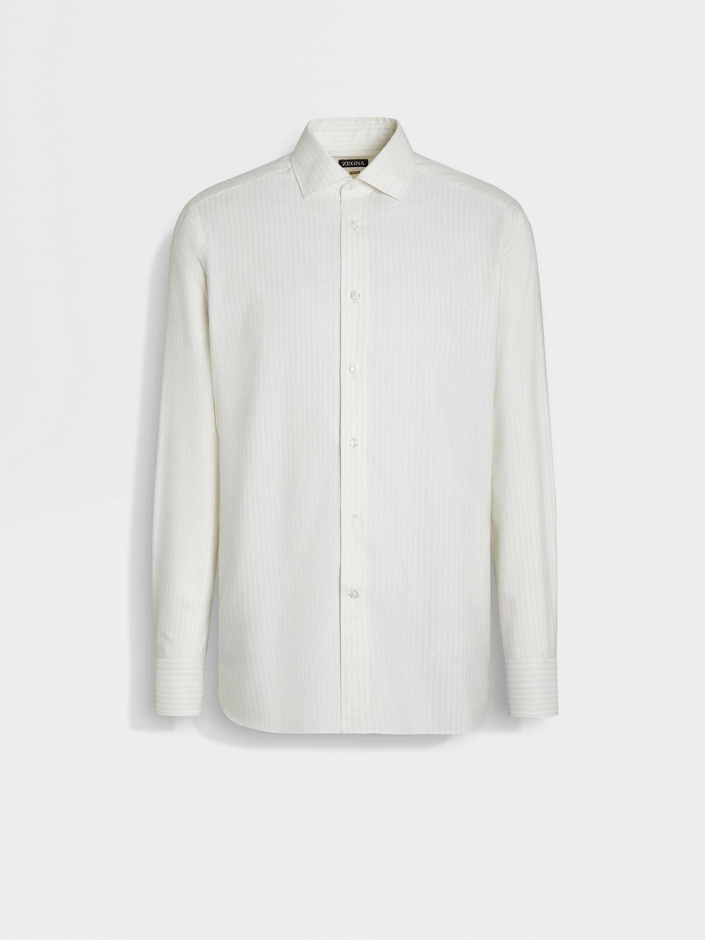 WHITE AND LIGHT BEIGE MACRO-STRIPED SILK COTTON AND CASHMERE SHIRT - 1