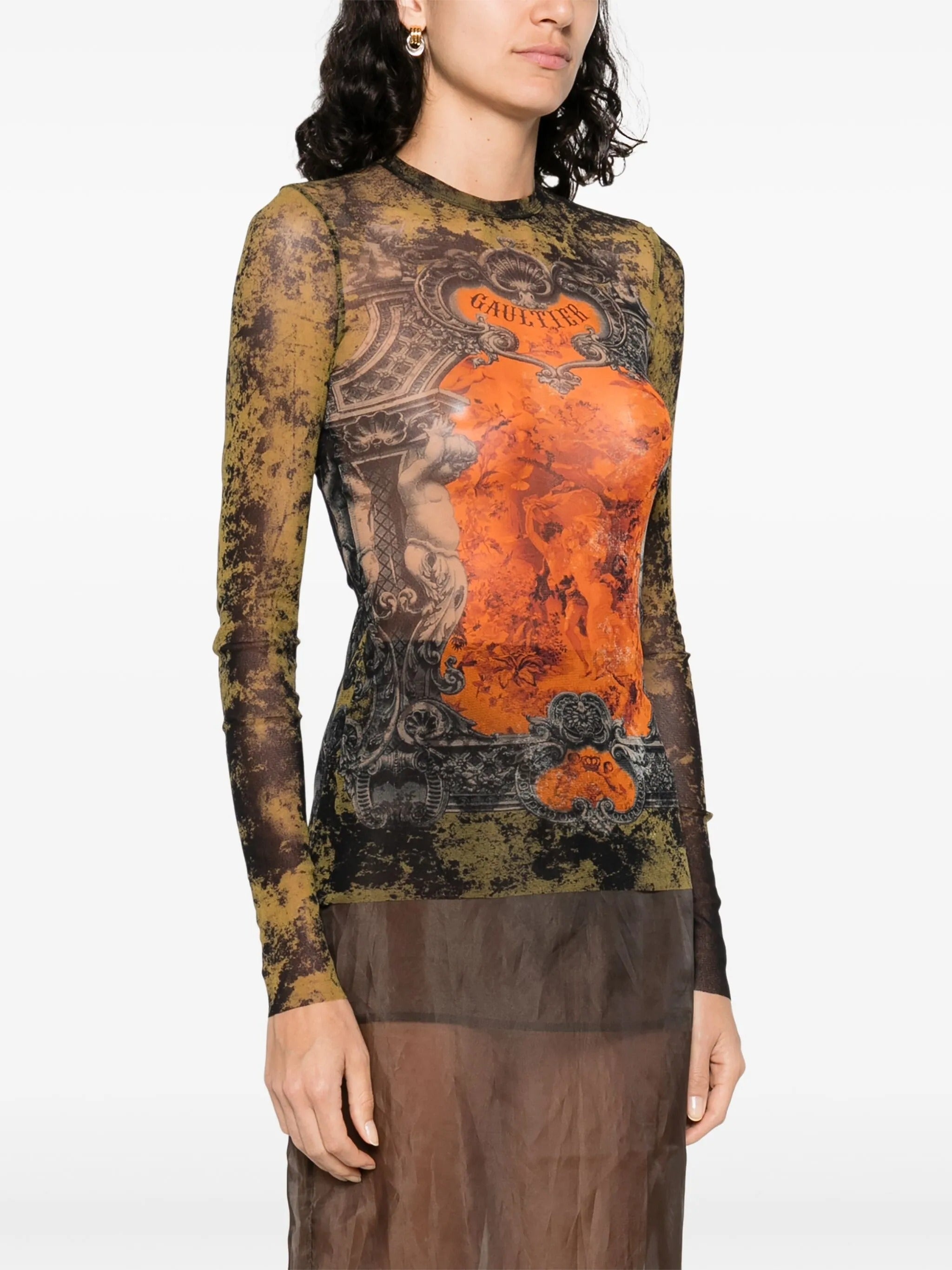 JEAN PAUL GAULTIER - Women Mesh Printed "Médaillon" Long Sleeves Top - 2