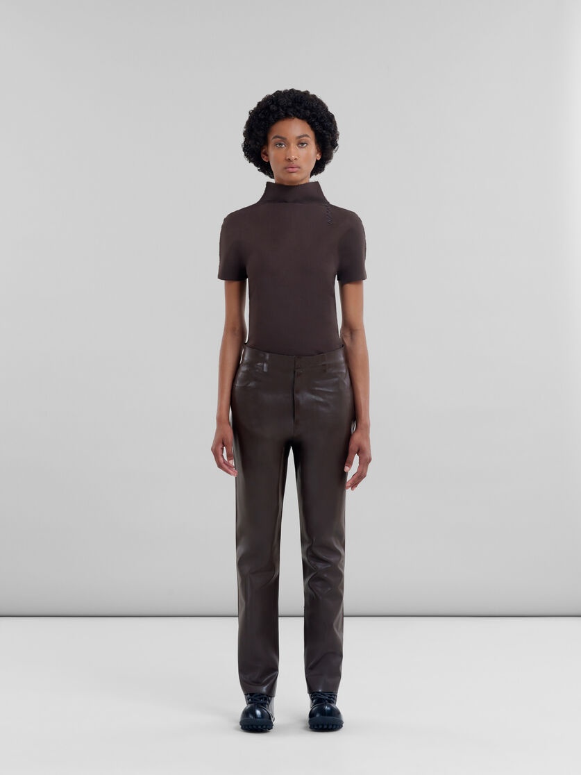 BROWN WOOL AND COATED FABRIC TROUSERS - 2