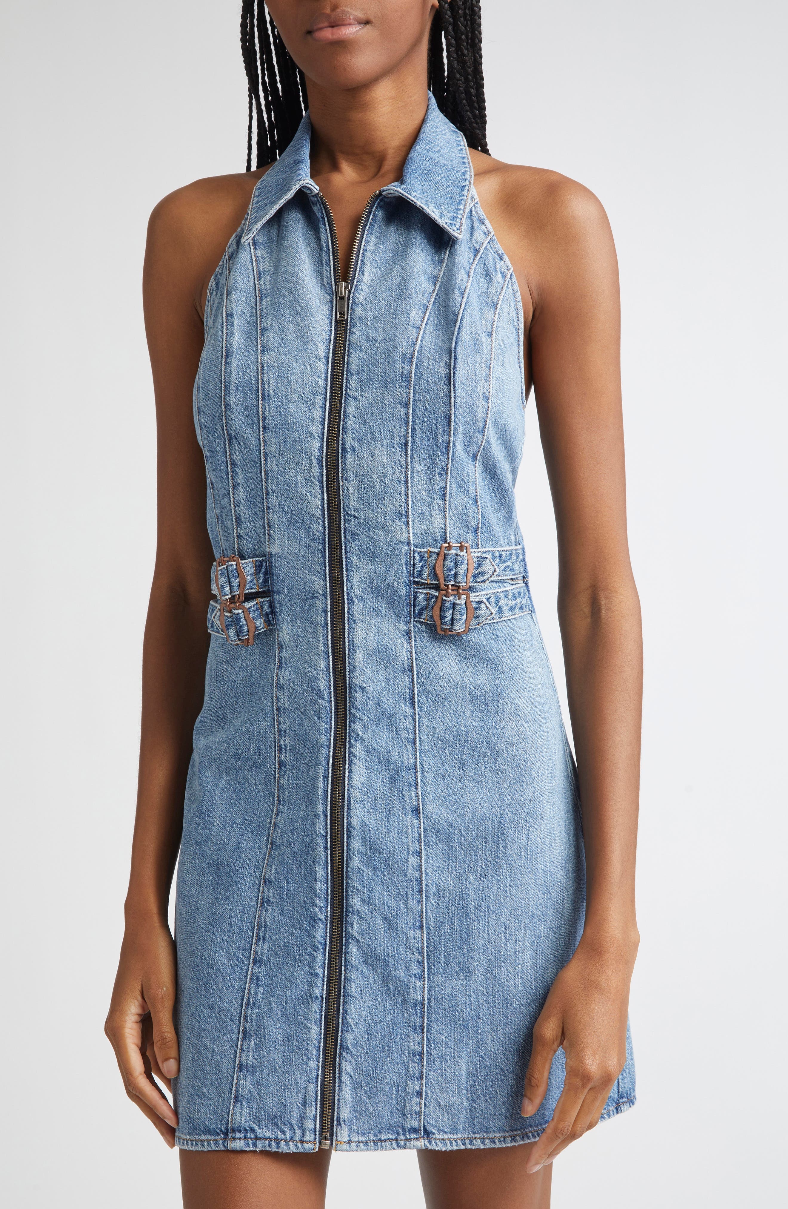 Alice + Olivia Axelle Sleeveless Denim Minidress in Peyton Vintage Blue at Nordstrom - 4