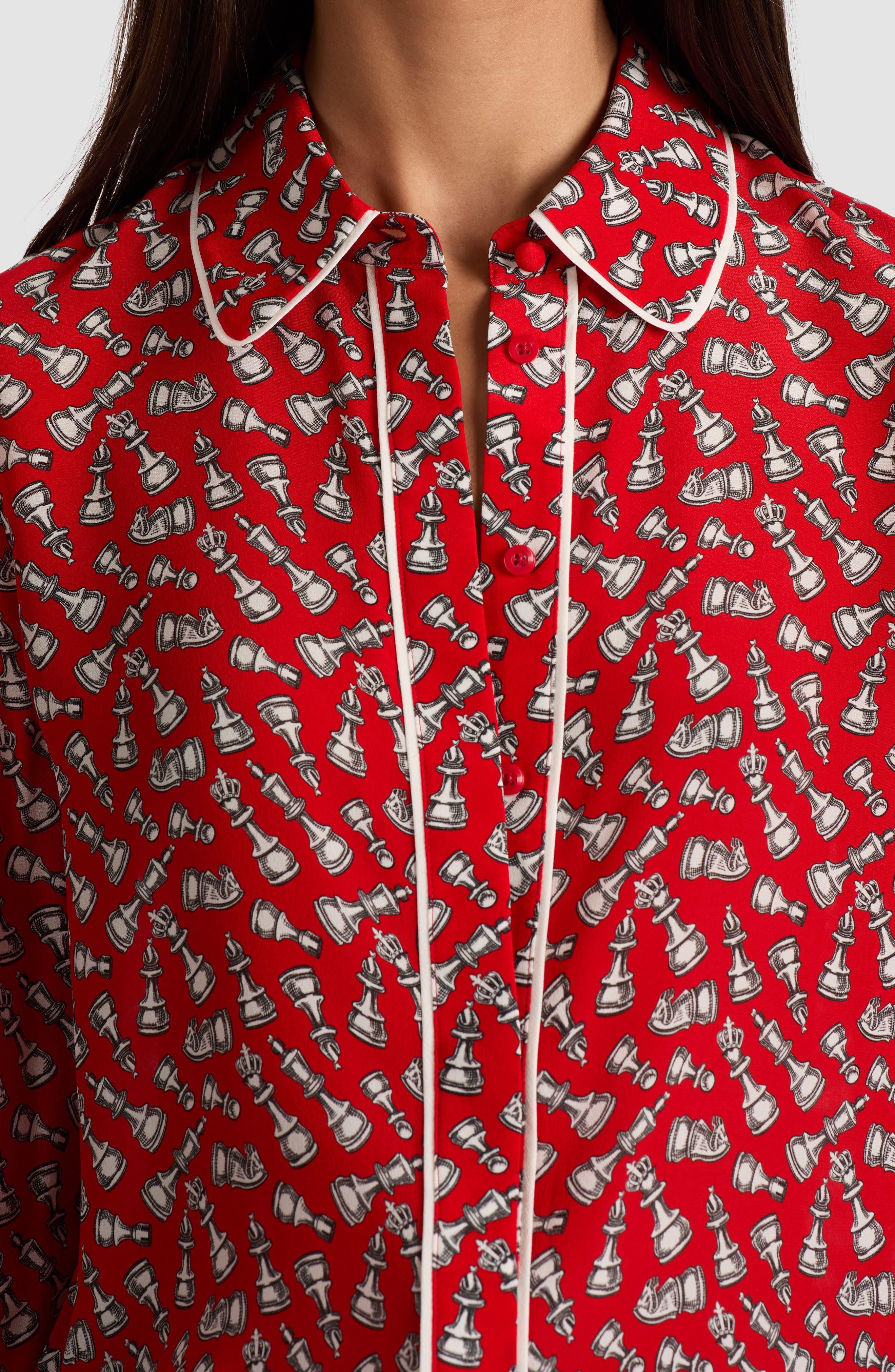 Alice + Olivia Willa Chess Piece Print Silk Button-Up Shirt in Queening at Nordstrom - 4