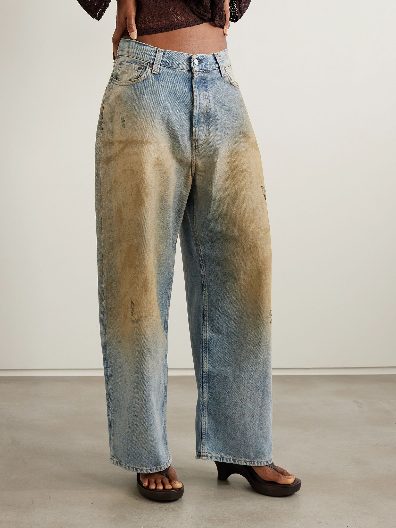 2023 distressed organic mid-rise wide-leg jeans Blue - 3