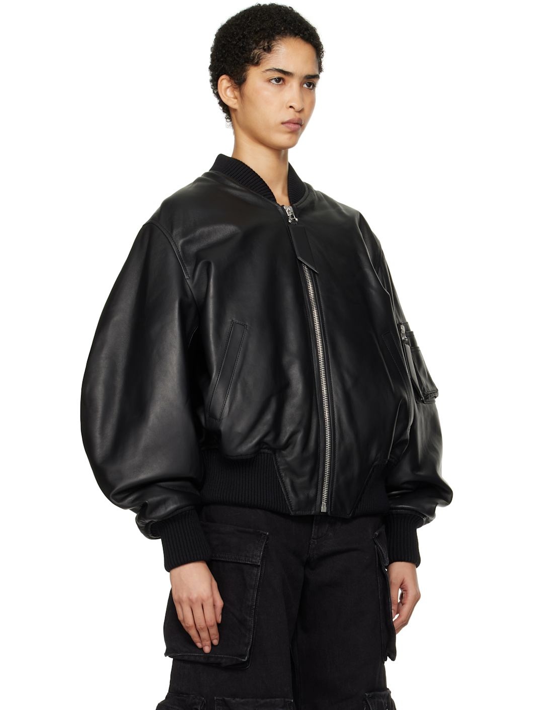 Black Anja Leather Bomber Jacket - 2