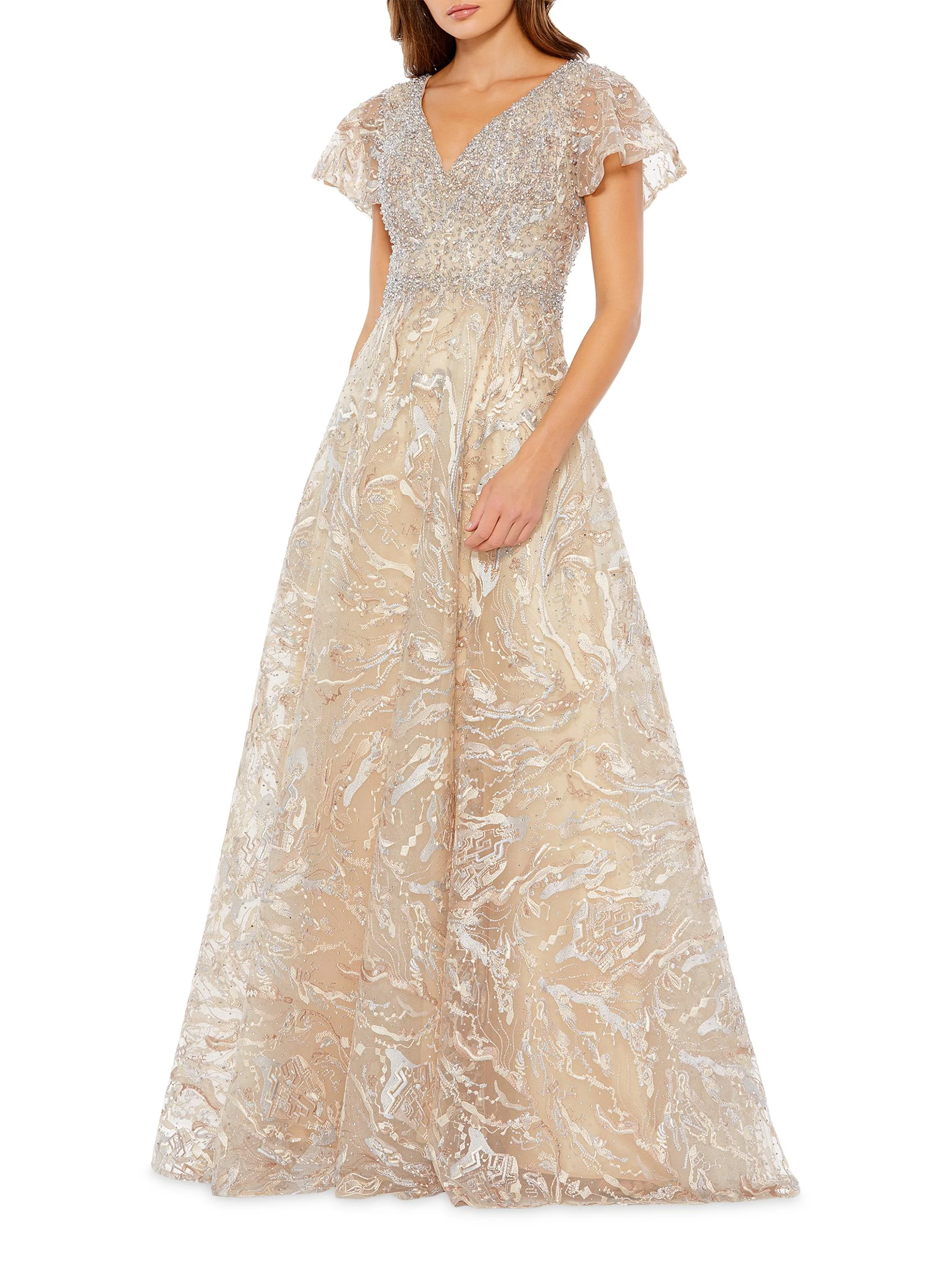 Women's Beaded & Embroidered Short-Sleeve Gown - Champagne Gold - 1